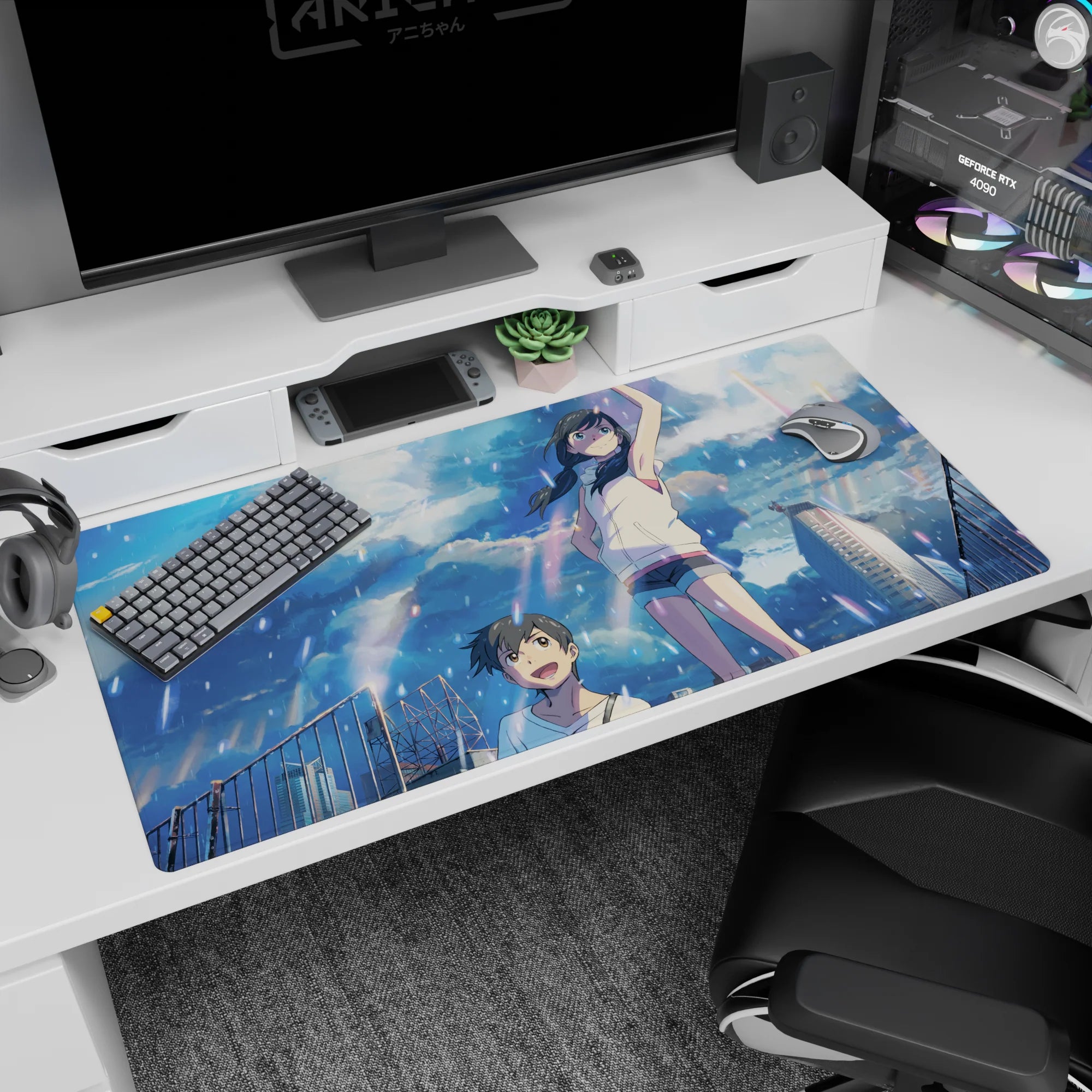 40x20 inches anime desk pad showing laughing teen girl in white hoodie and boy smiling under storm clouds.
