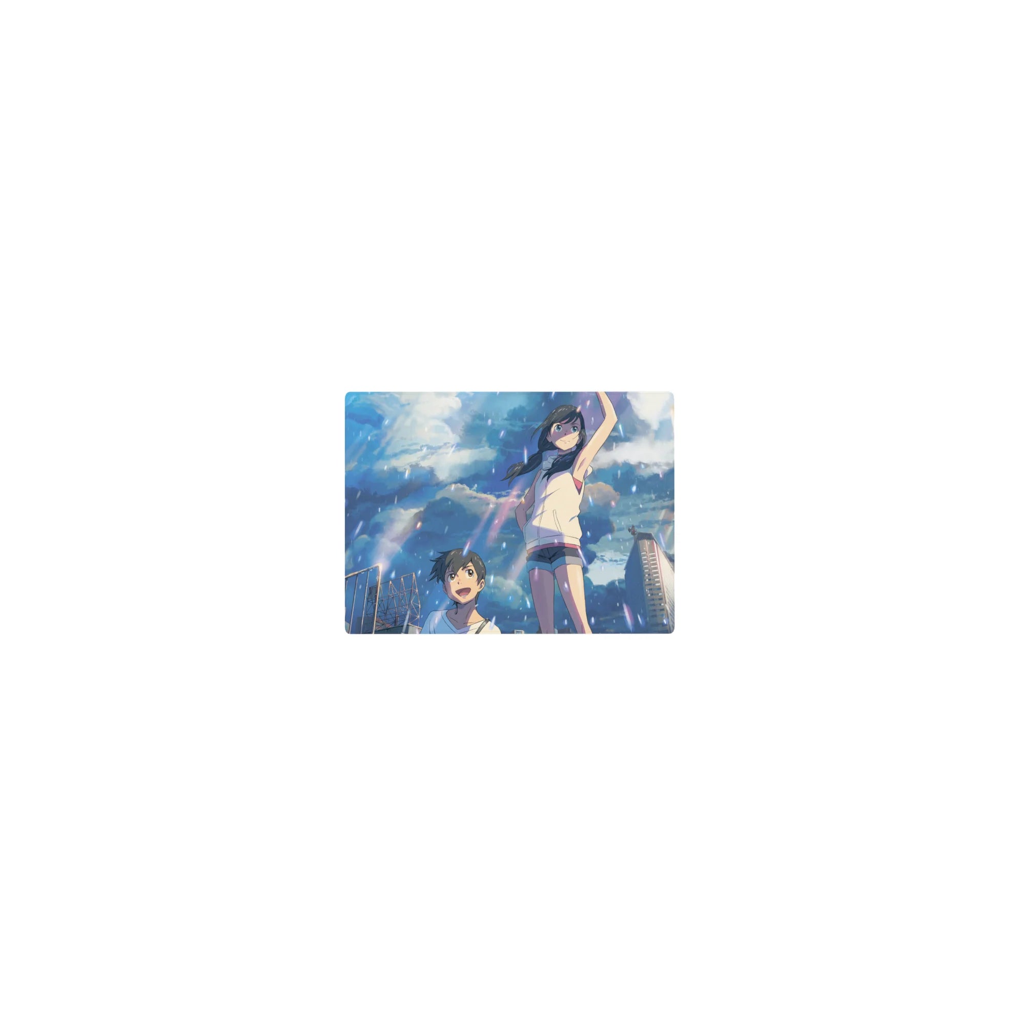 Classic anime mouse pad 14x10 inches with rooftop teens, rain streaks, and city skyline backdrop.