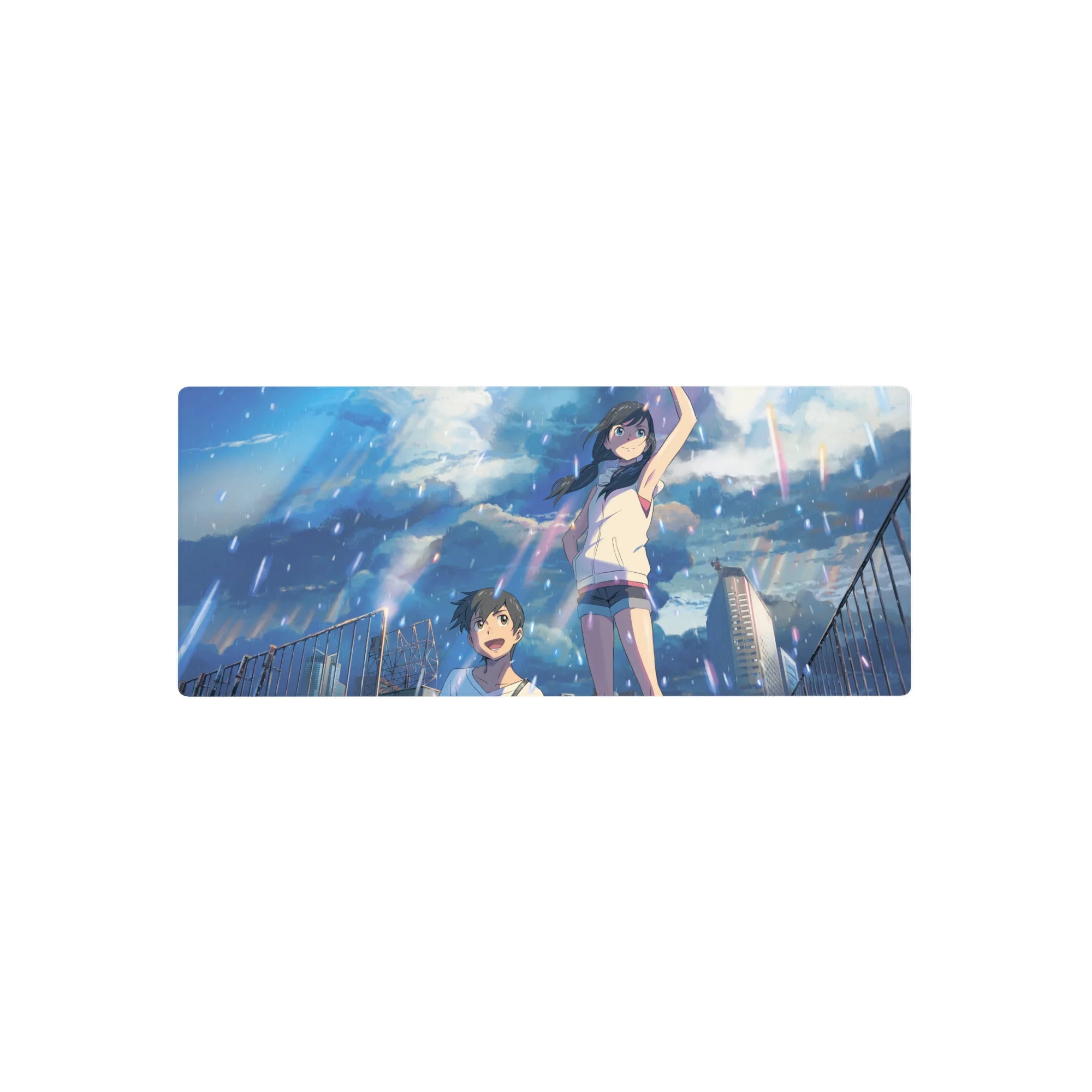 28x12 inches anime mouse pad with rainy rooftop teens, city skyline towers, and dramatic clouds.