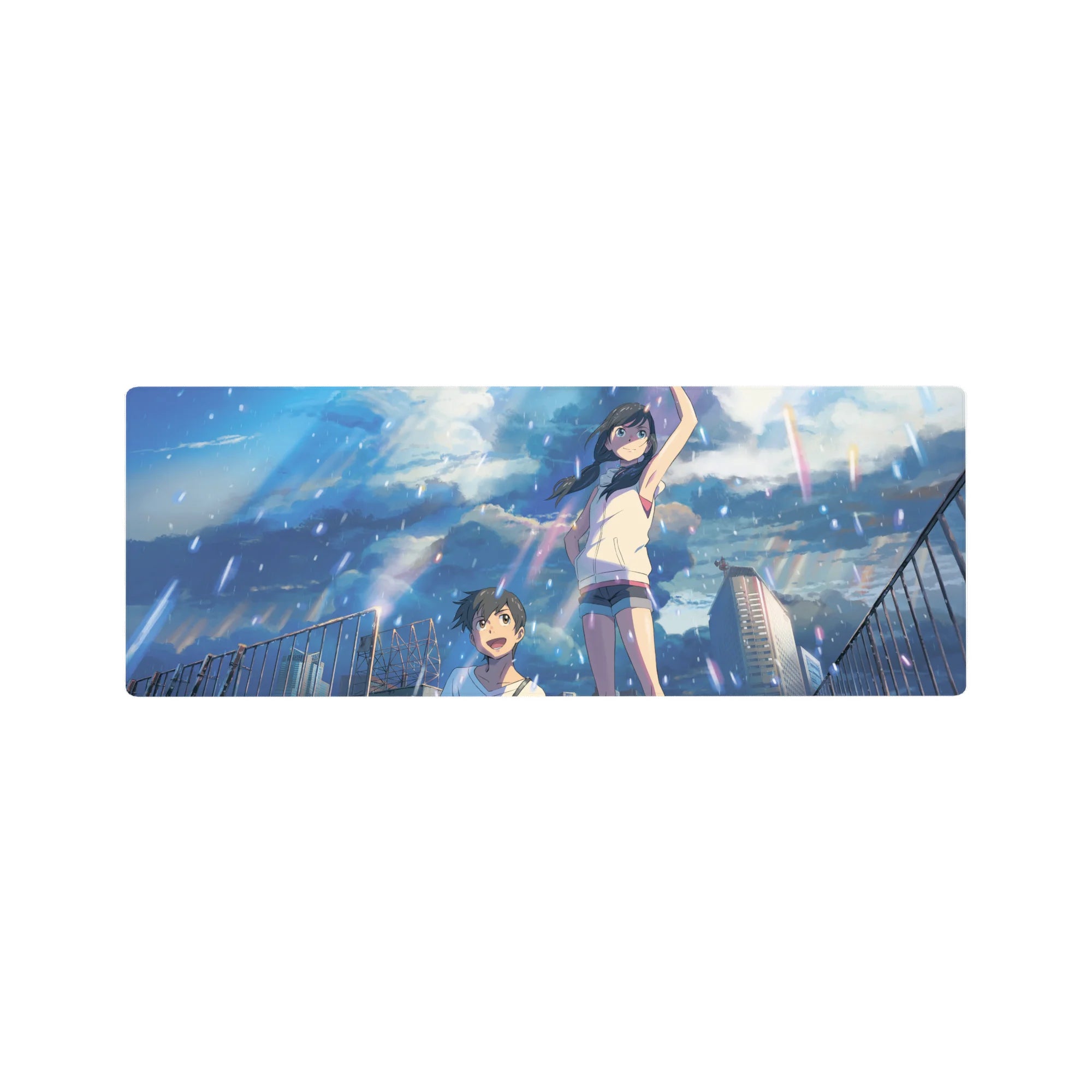 32x12 inches anime mouse pad with rainy rooftop teens laughing, city skyline and dramatic clouds.