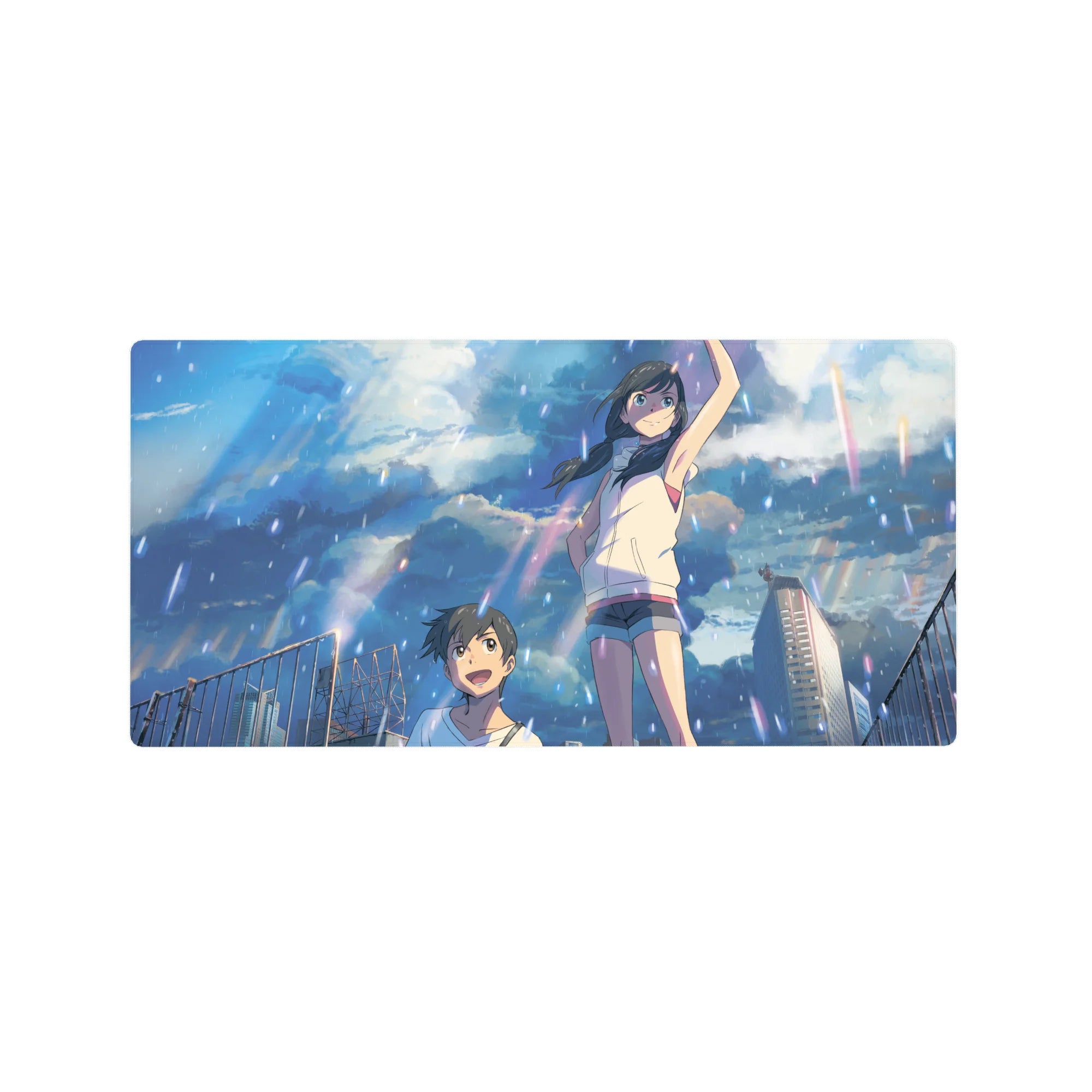 32x16 inches anime mouse pad with rainy rooftop cityscape, two laughing teens under dramatic clouds.
