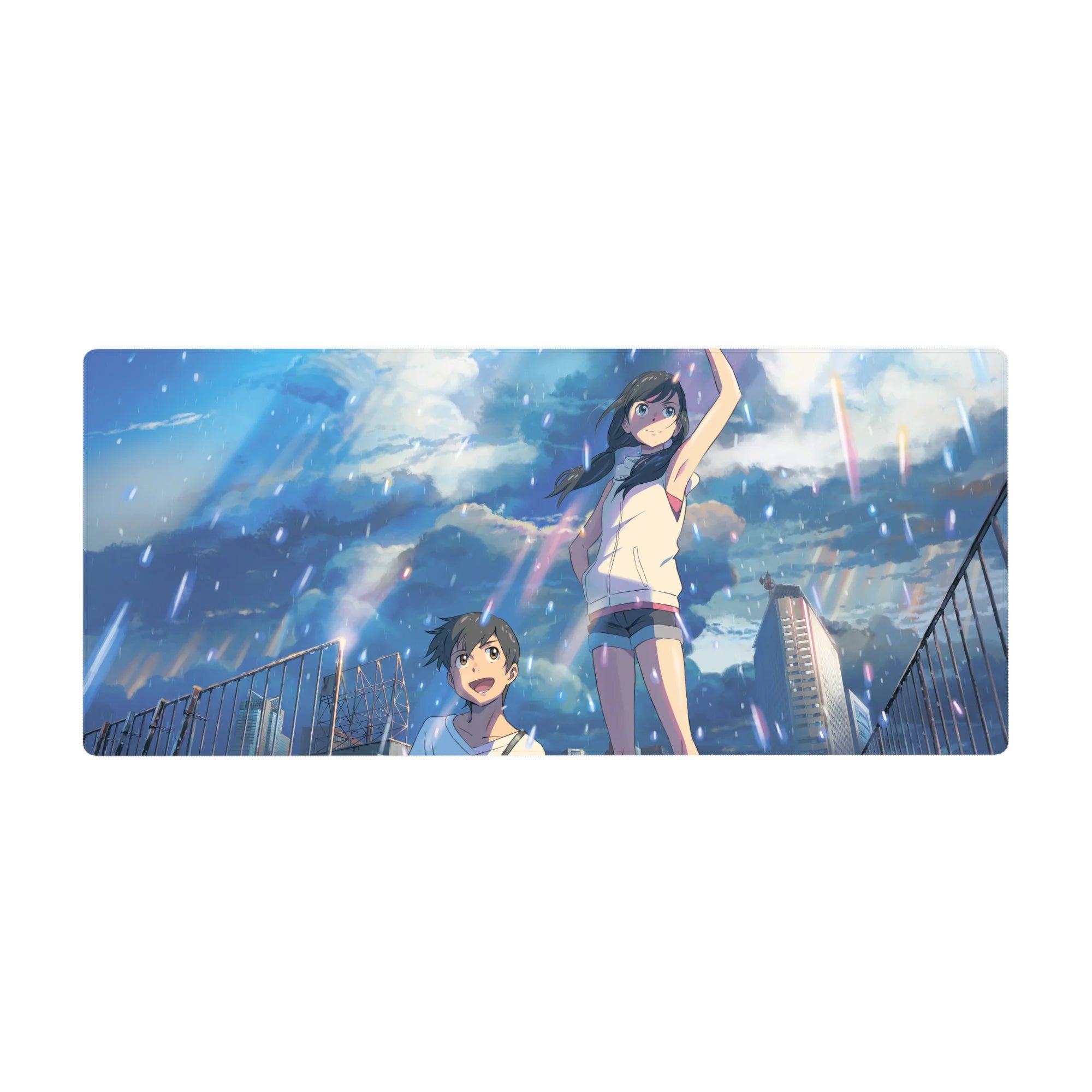 Anime desk pad 36x16 inches with rainy rooftop teens, city skyline, dramatic clouds, crisp anime detail.