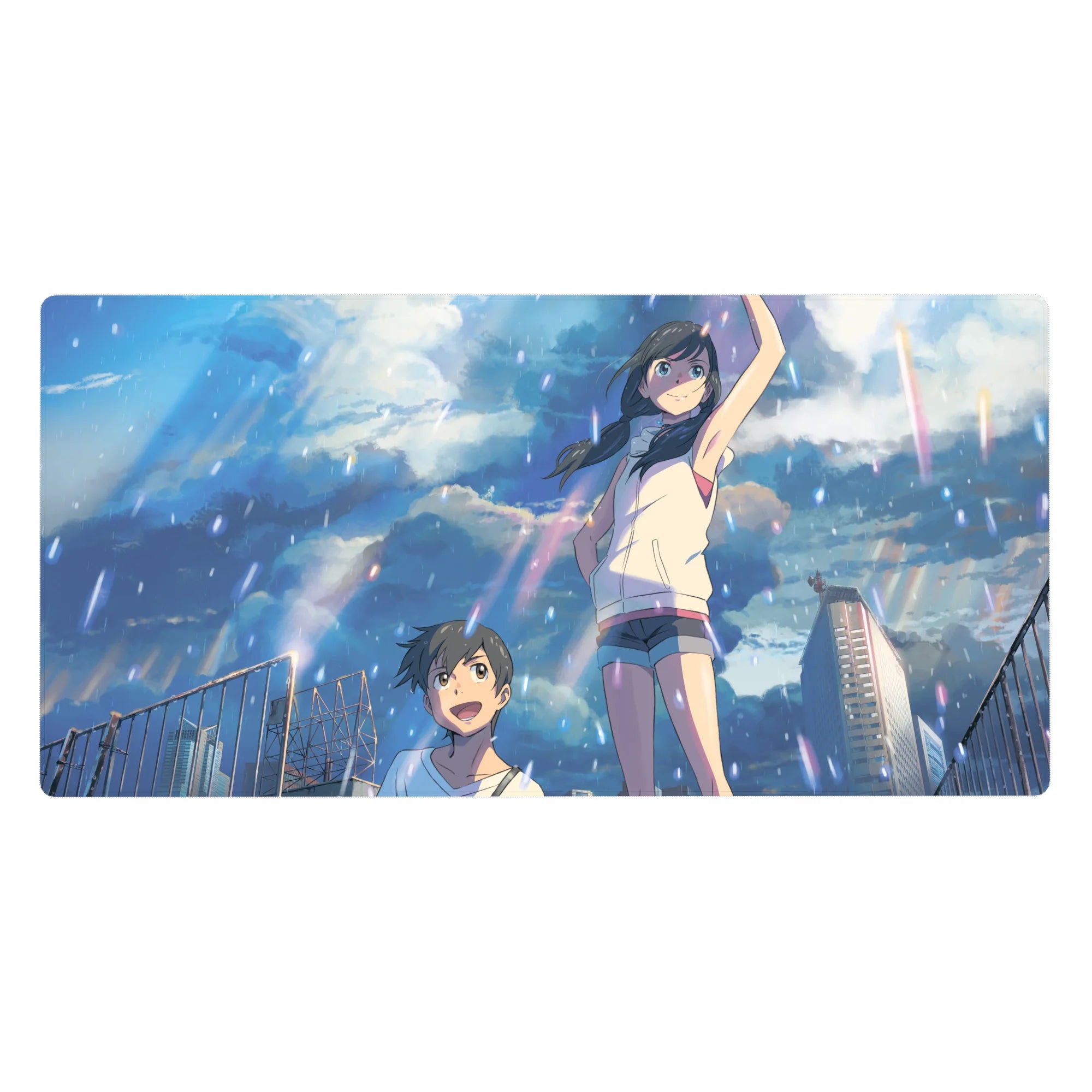 40x20 inches anime desk pad with rainy rooftop teens, city skyline towers, crisp summer scene detail.