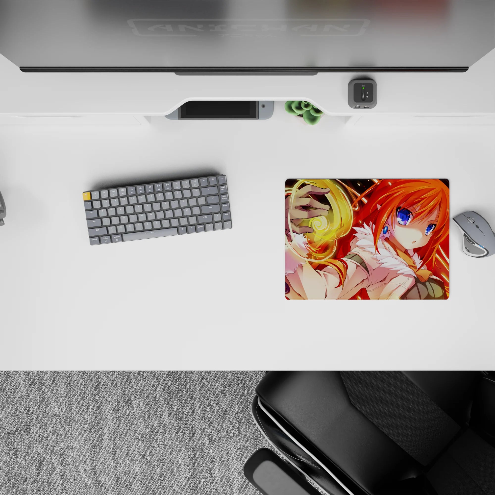 Vibrant red-and-gold spellburst anime mouse pad 14x10 inches, cozy yet fiery vibe with glowing streaks.