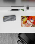 Vibrant red-and-gold spellburst anime mouse pad 14x10 inches, cozy yet fiery vibe with glowing streaks.