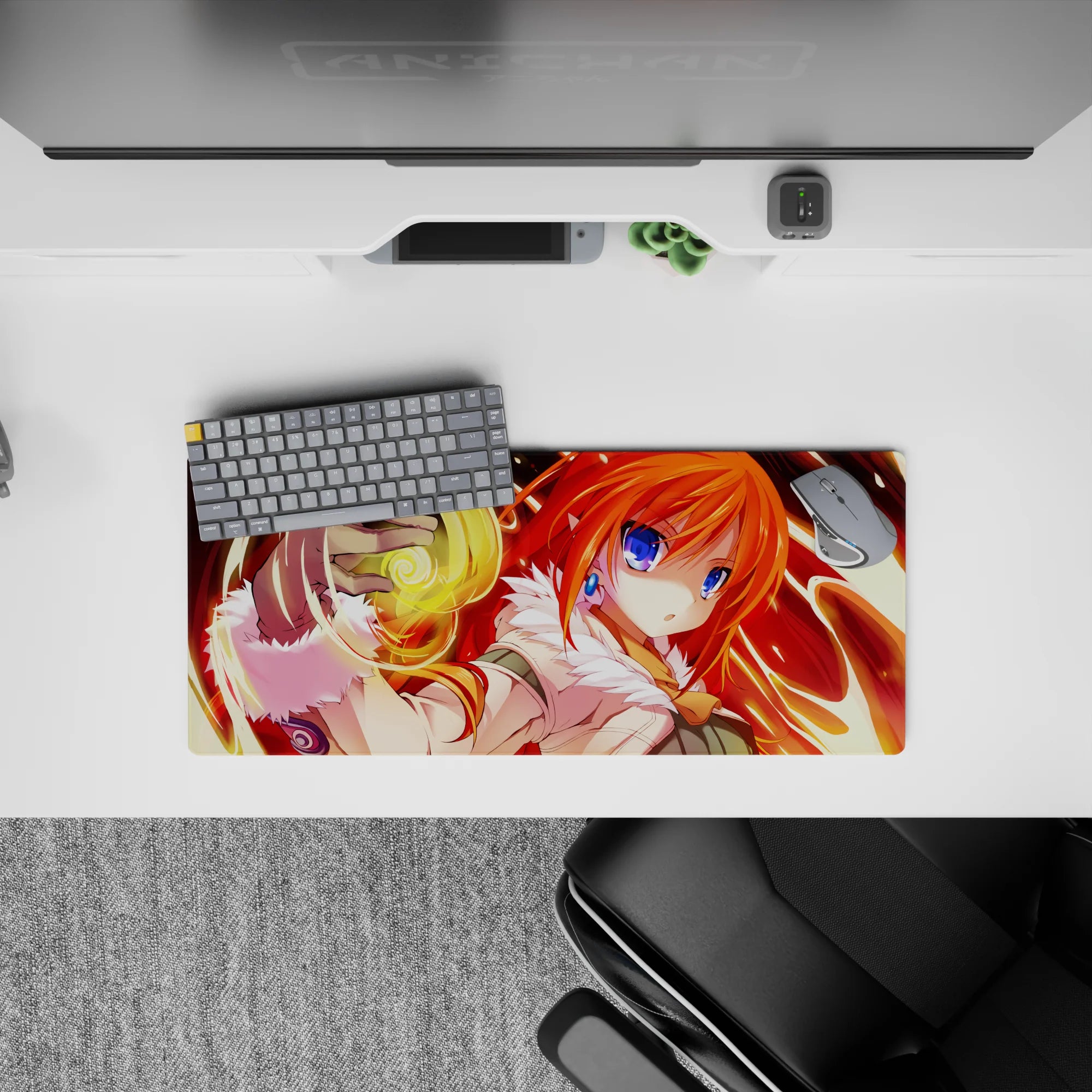Molten reds and sunrise glow anime mouse pad 28x12 inches, cozy yet fierce magical vibe.