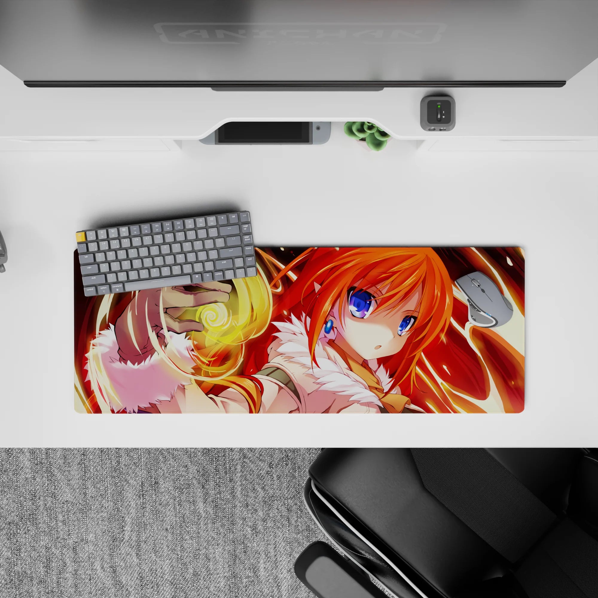32x12 inches anime mouse pad in molten reds and sunrise glow, golden magic accents, bright punchy style.