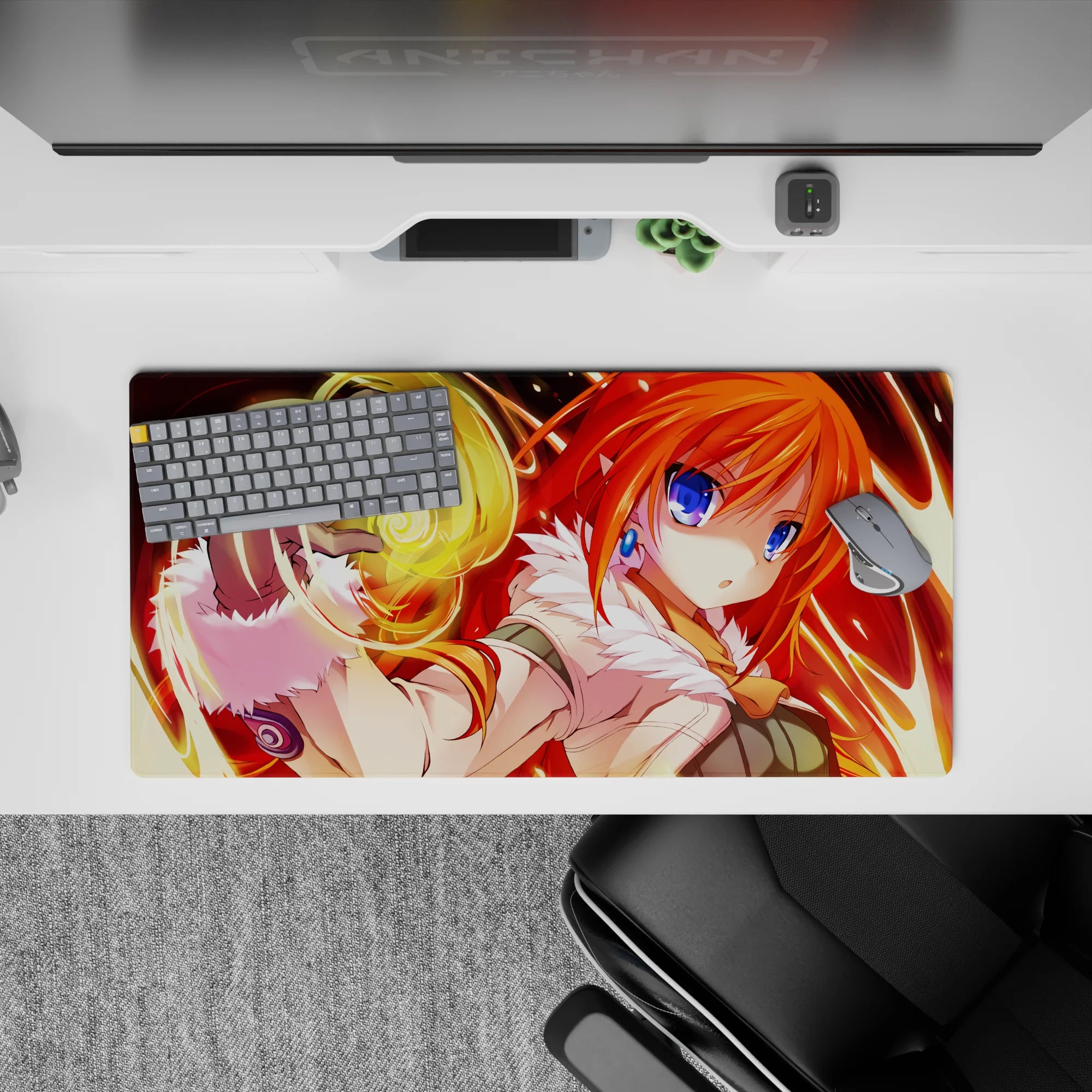 32x16 inches anime mouse pad in molten reds and glowing streaks, bright sunrise vibe with golden magic.