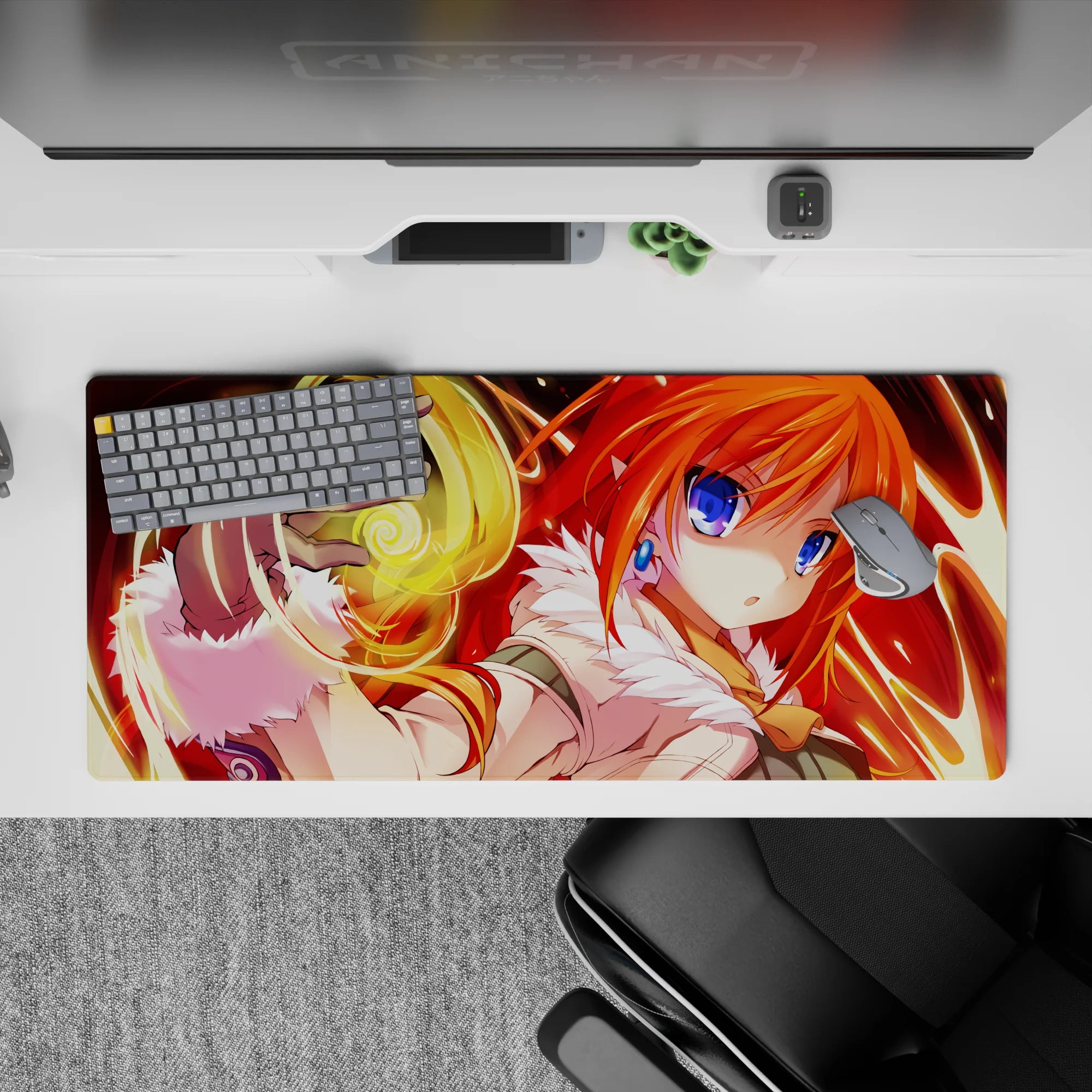 Molten red sunrise tones anime desk pad 36x16 inches, glowing streaks and golden magic for cute gaming setup.