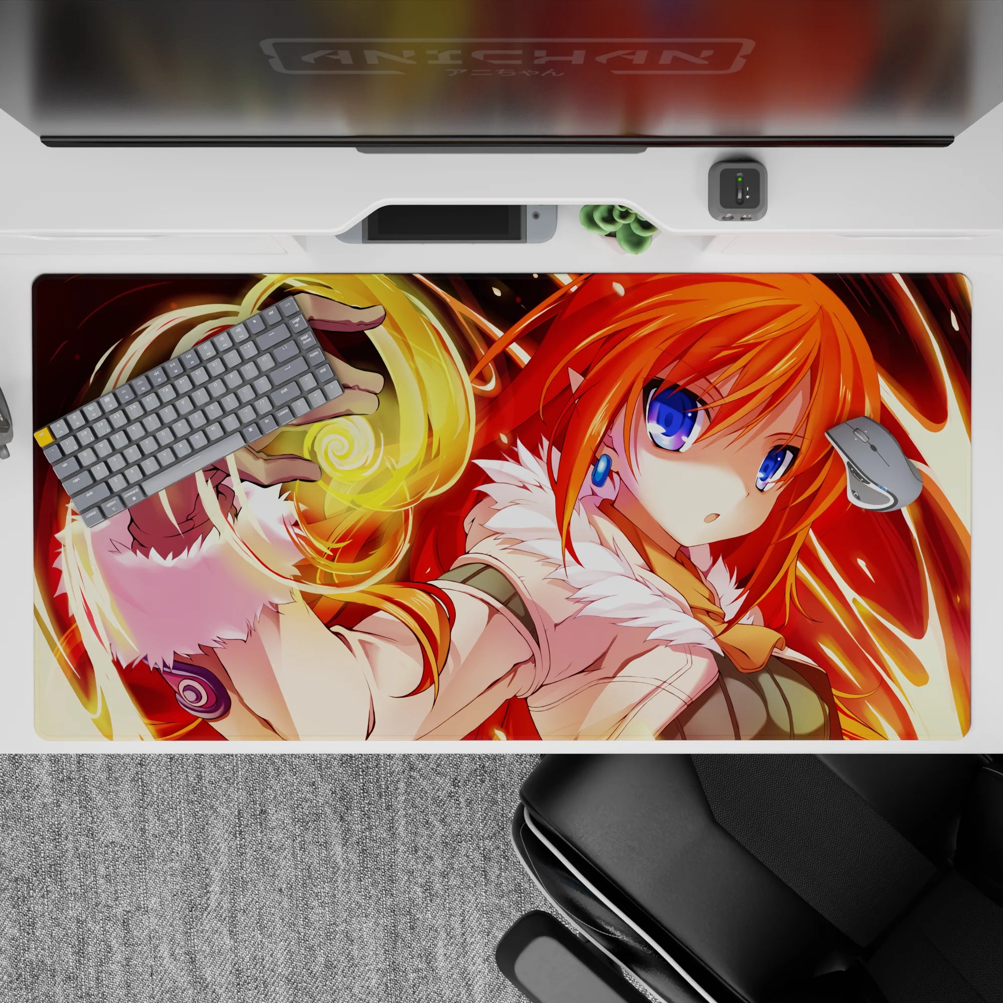 Fiery red-orange anime desk pad 40x20 inches with glowing gold magic, bright punchy art, cozy-danger vibe.
