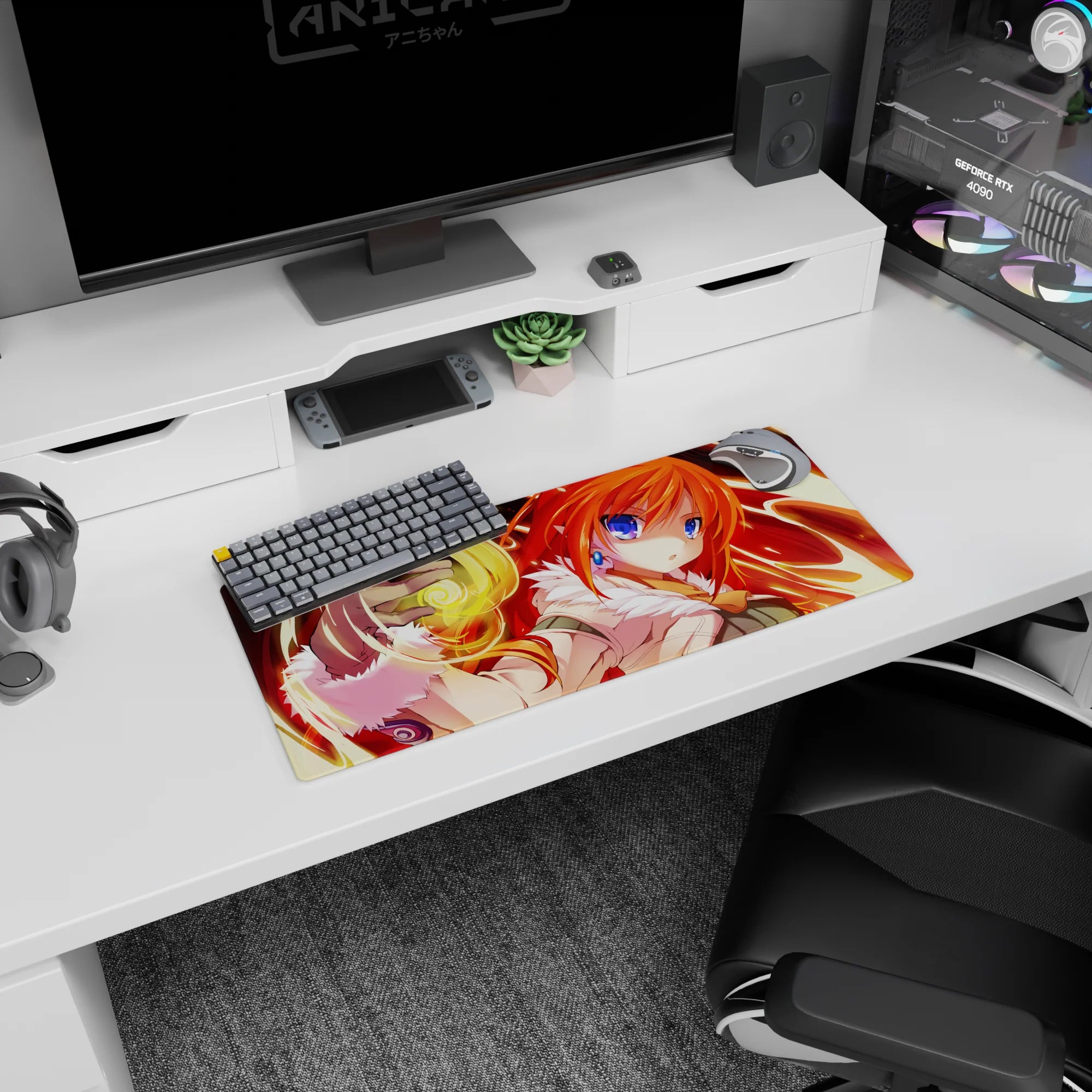 Orange-haired mage girl casting golden spell on anime mouse pad 28x12 inches, big blue eyes.