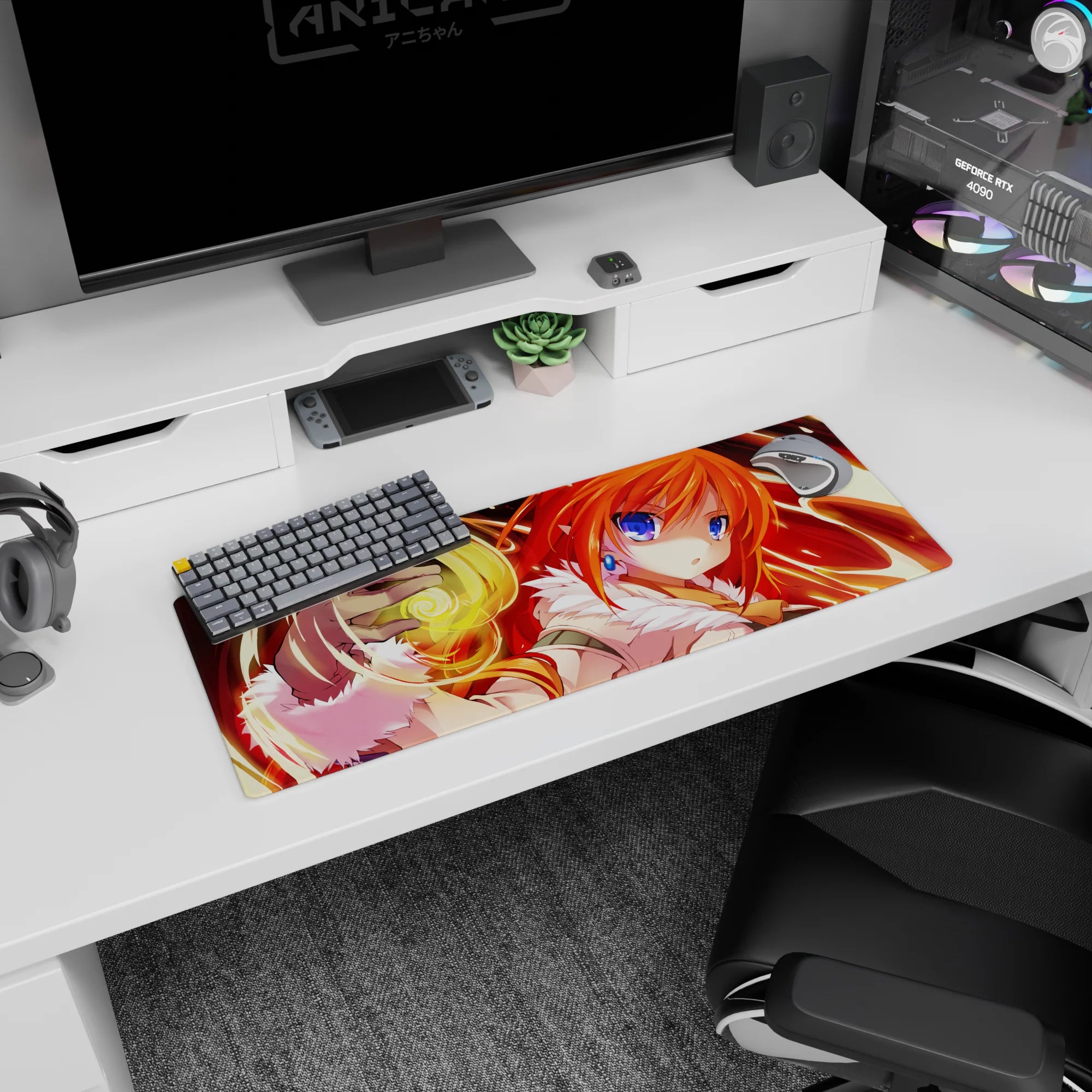 32x12 inches mouse pad showing a fiery-haired mage girl casting golden swirling magic against glowing red streaks.