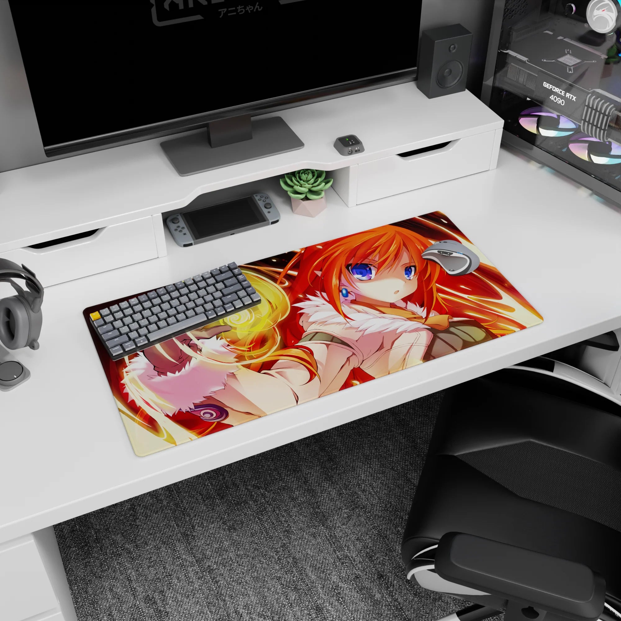 32x16 inches mouse pad featuring a cute mage girl casting a golden swirl, orange hair and cozy white collar.