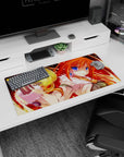 32x16 inches mouse pad featuring a cute mage girl casting a golden swirl, orange hair and cozy white collar.