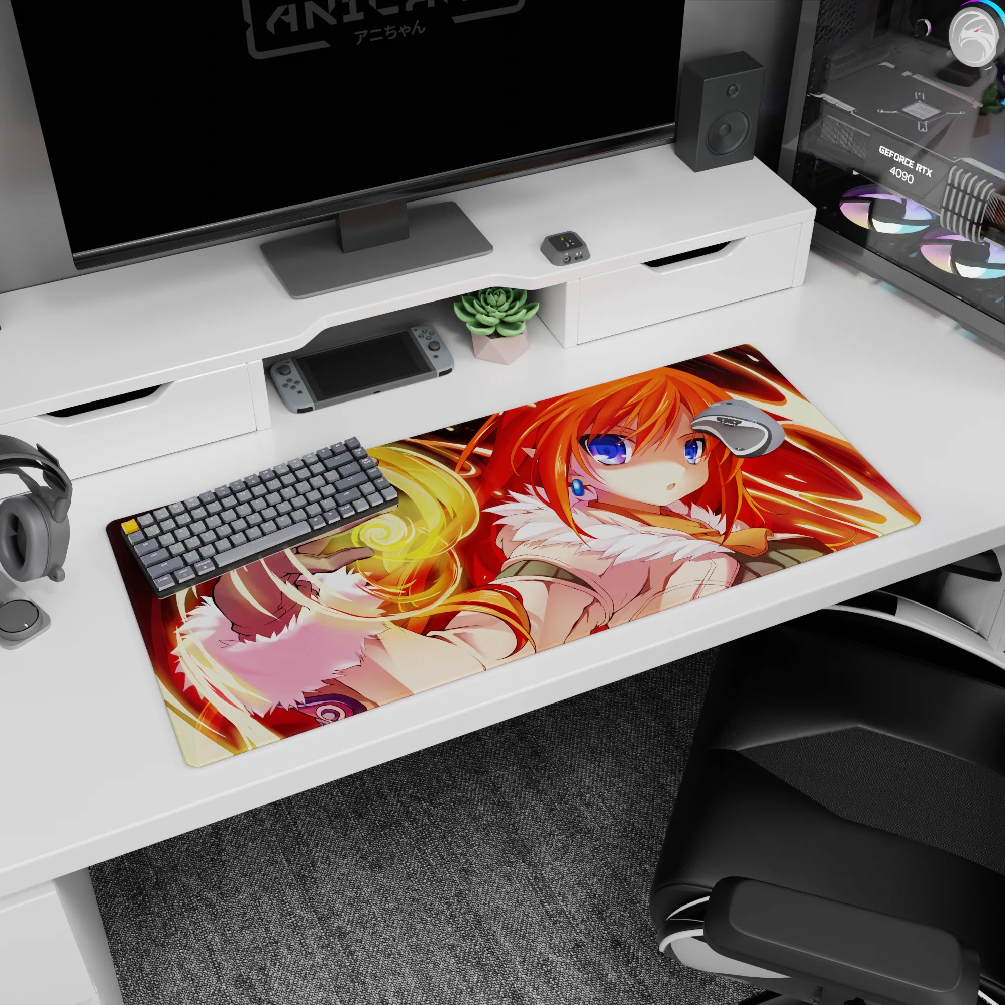 Close-up mage anime girl with fiery hair casting golden spell on desk pad 36x16 inches, cozy yet dangerous.