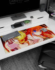 Close-up mage anime girl with fiery hair casting golden spell on desk pad 36x16 inches, cozy yet dangerous.