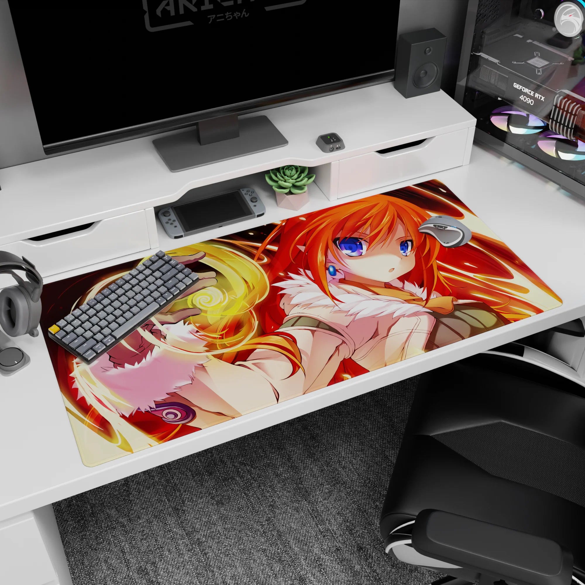Orange-haired mage girl with big blue eyes casting golden spiral magic on a 40x20 inches anime desk pad.
