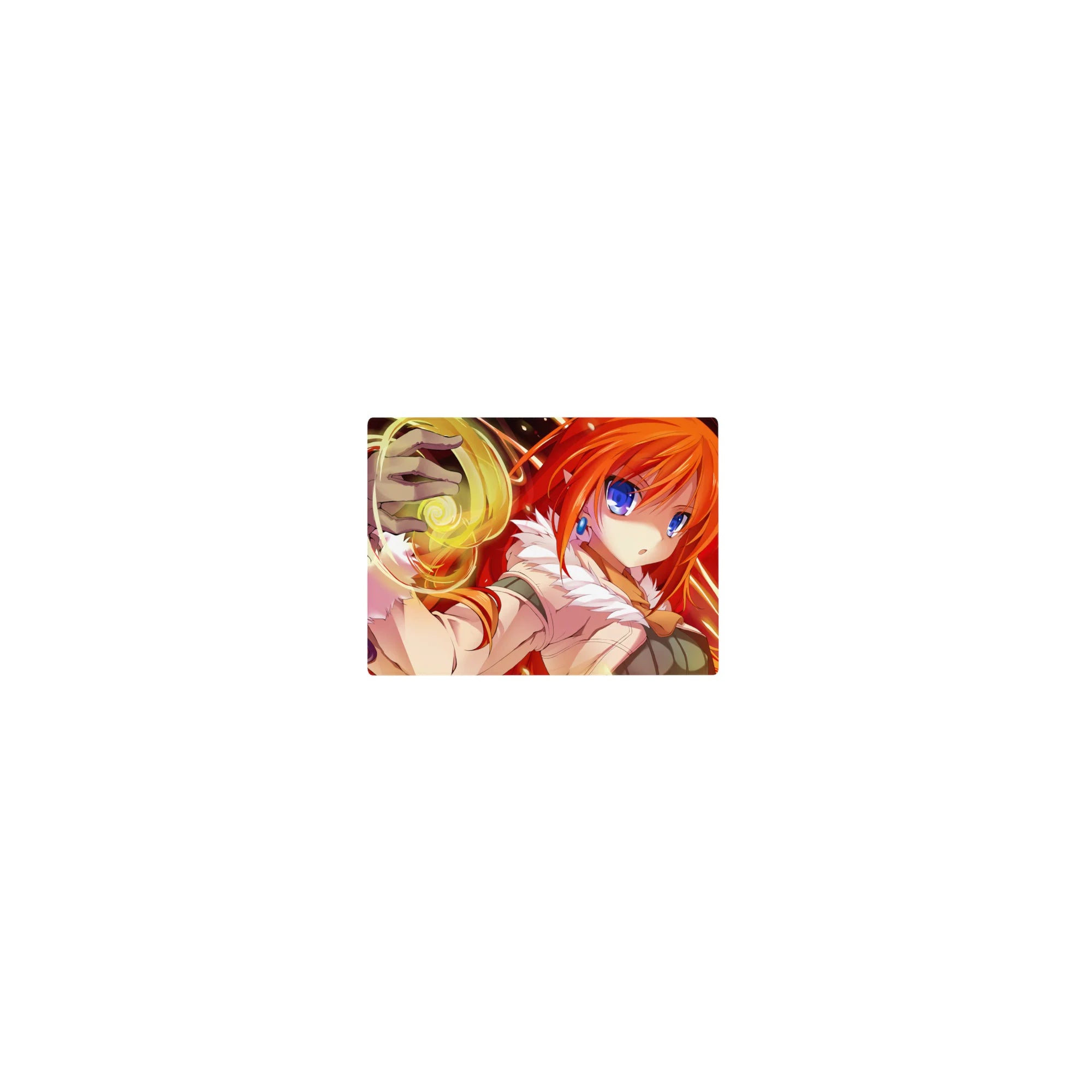 Classic anime girl mouse pad 14x10 inches with orange-haired mage, blue eyes, fluffy collar, gold magic swirl.