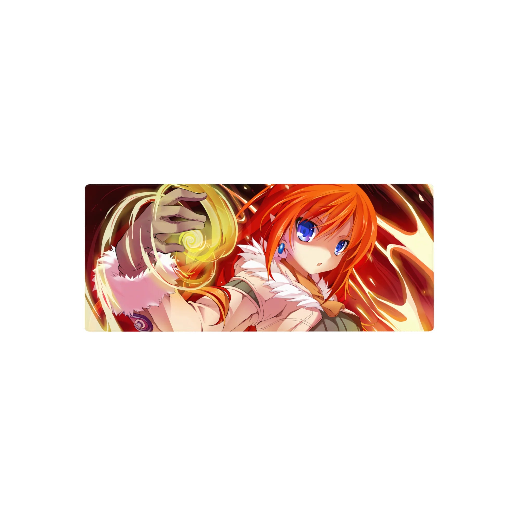 Anime girl spellcaster mouse pad 28x12 inches with orange hair, blue eyes, white collar, magic swirl.