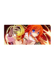 Anime girl spellcaster mouse pad 28x12 inches with orange hair, blue eyes, white collar, magic swirl.