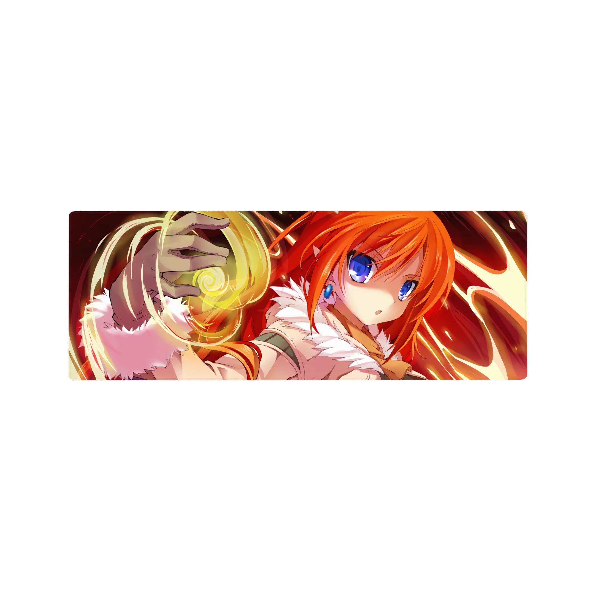 32x12 inches anime girl mouse pad with orange-haired spellcaster, blue eyes, fluffy white collar, magic swirl.