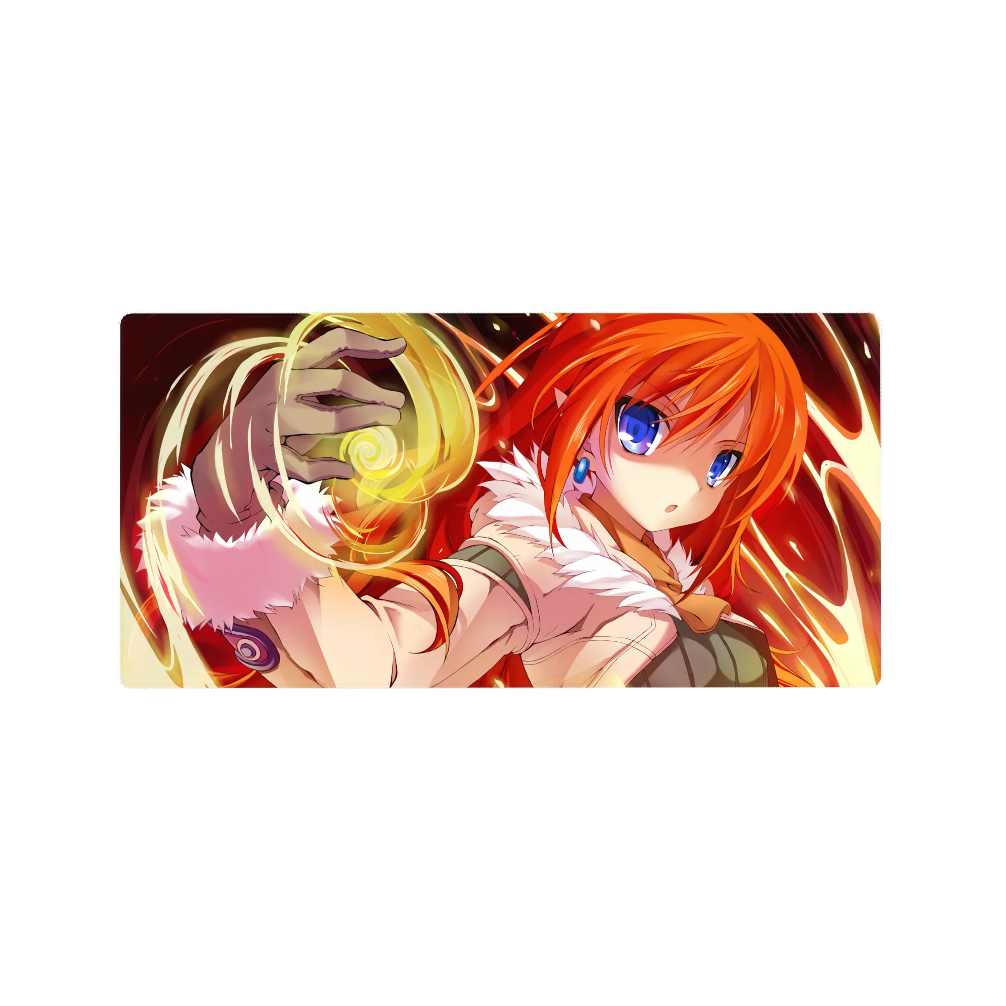 32x16 inches anime girl mouse pad with orange-haired spellcaster, blue eyes, white fluffy collar, magic swirl.