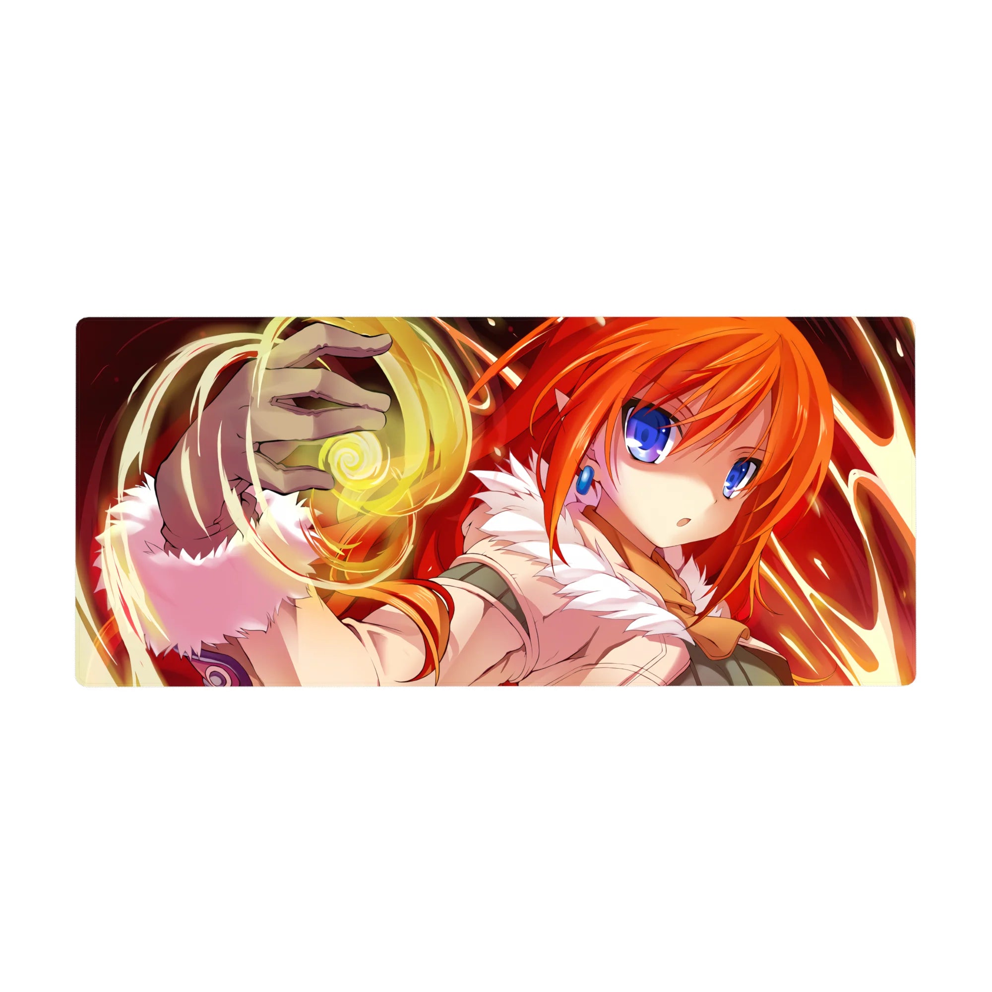 Anime girl spellcaster desk pad 36x16 inches with orange hair, blue eyes, white collar, and magic swirl.