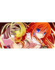 Anime girl spellcaster desk pad 36x16 inches with orange hair, blue eyes, white collar, and magic swirl.