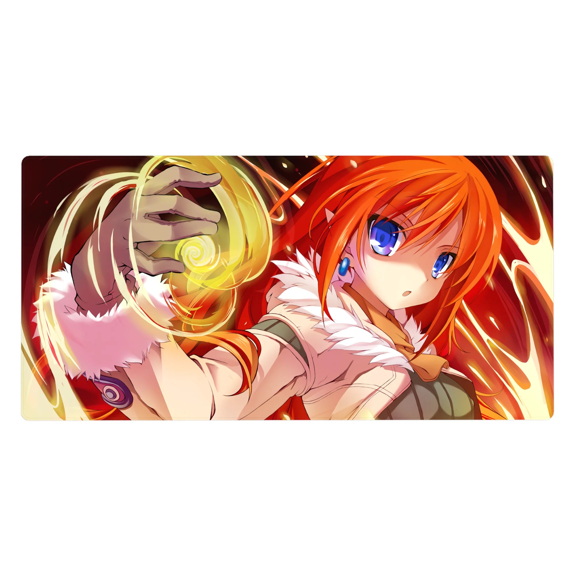 Anime girl desk pad 40x20 inches with orange-haired spellcaster, blue eyes, fluffy white collar, magic swirl.