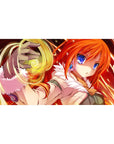 Anime girl desk pad 40x20 inches with orange-haired spellcaster, blue eyes, fluffy white collar, magic swirl.