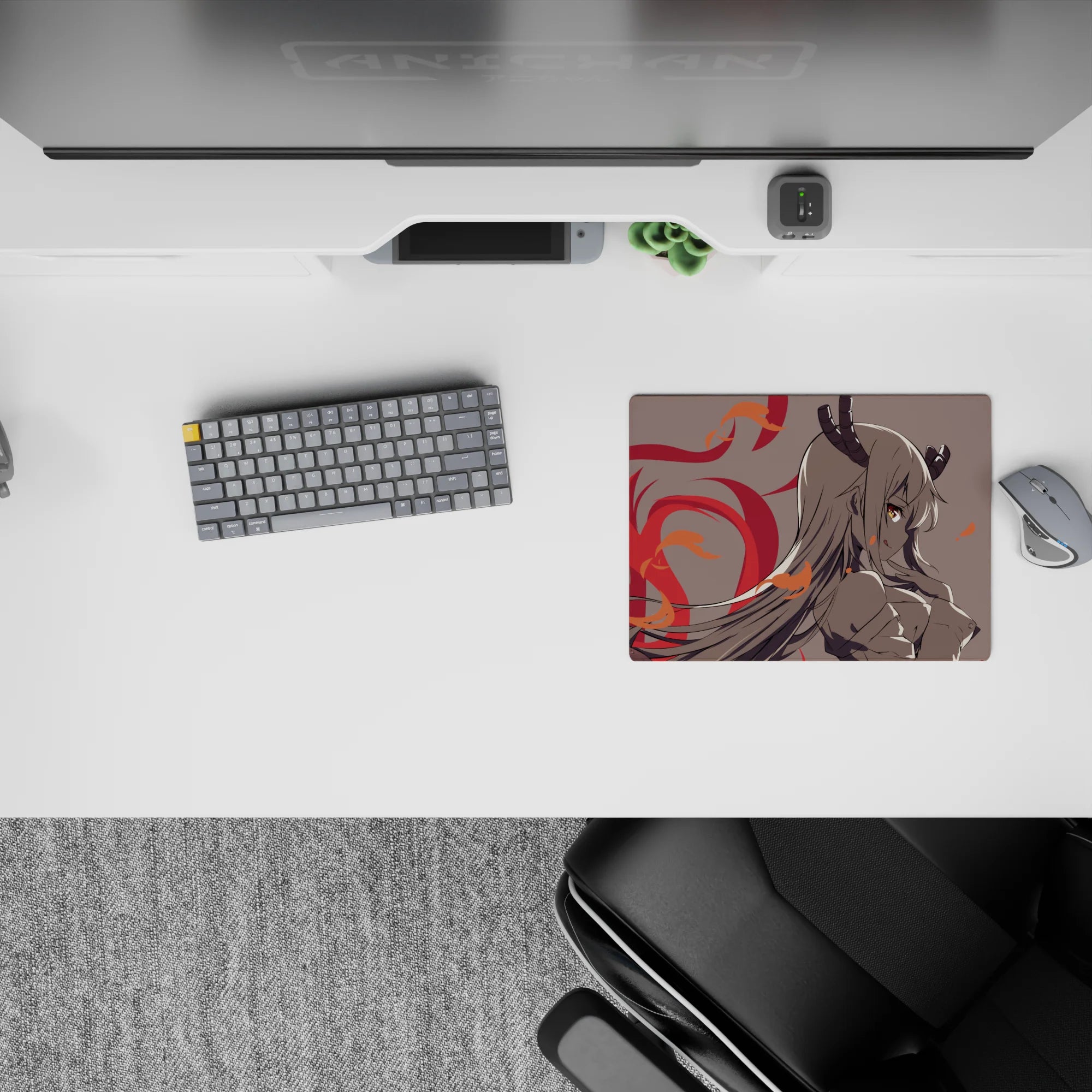 Cozy-danger anime girl mouse pad 14x10 inches in soft gray with crimson flames and orange sparks.