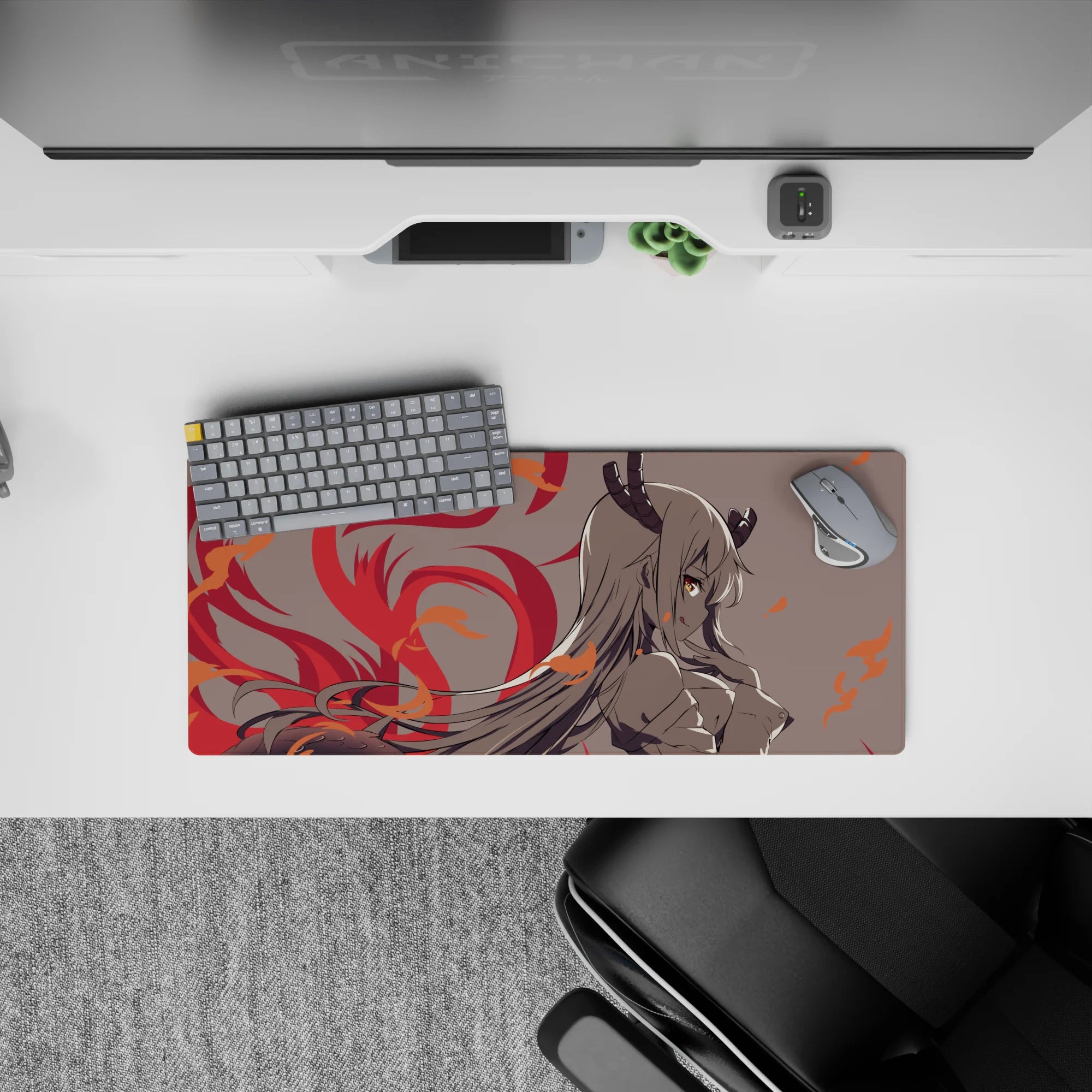 28x12 inches anime girl mouse pad in soft gray tones with crimson flames and orange spark details, cozy-danger vibe.