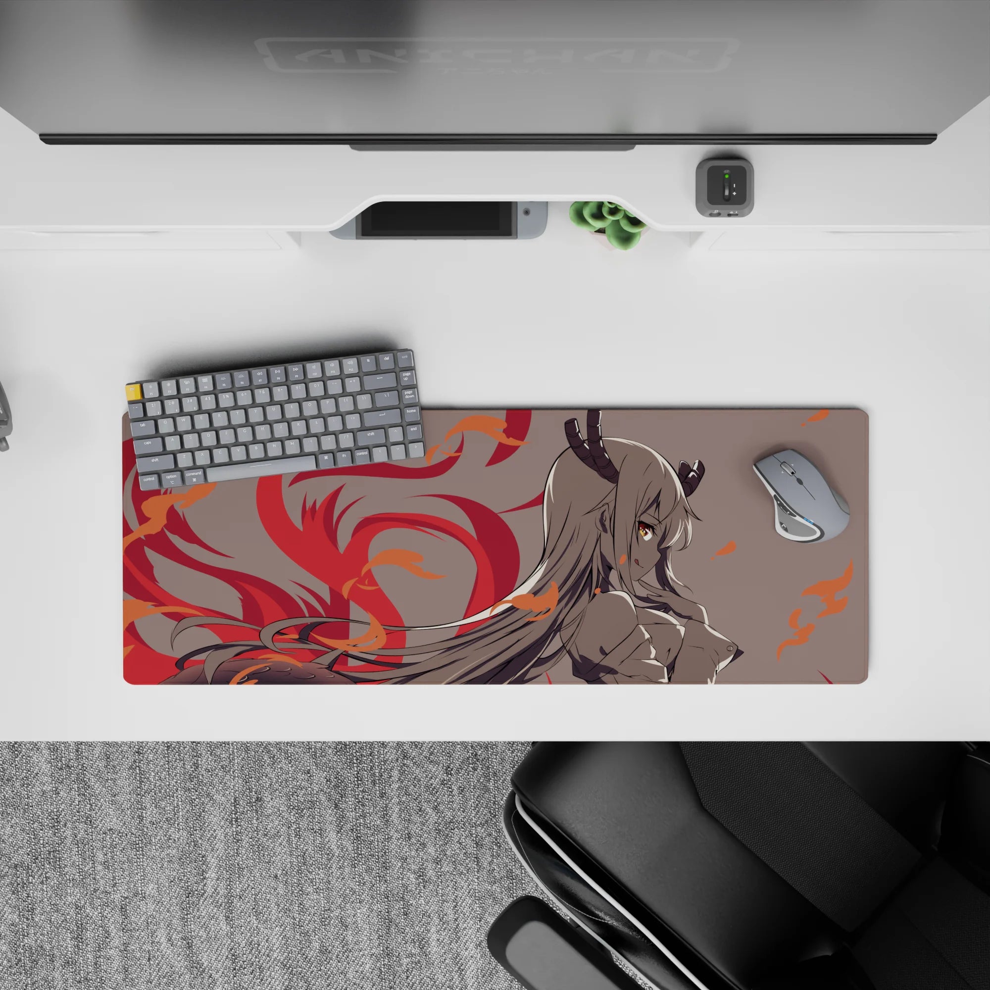 32x12 inches anime desk mouse pad in soft gray tones with crimson flames and orange spark highlights.