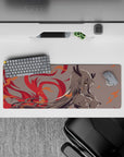 32x12 inches anime desk mouse pad in soft gray tones with crimson flames and orange spark highlights.