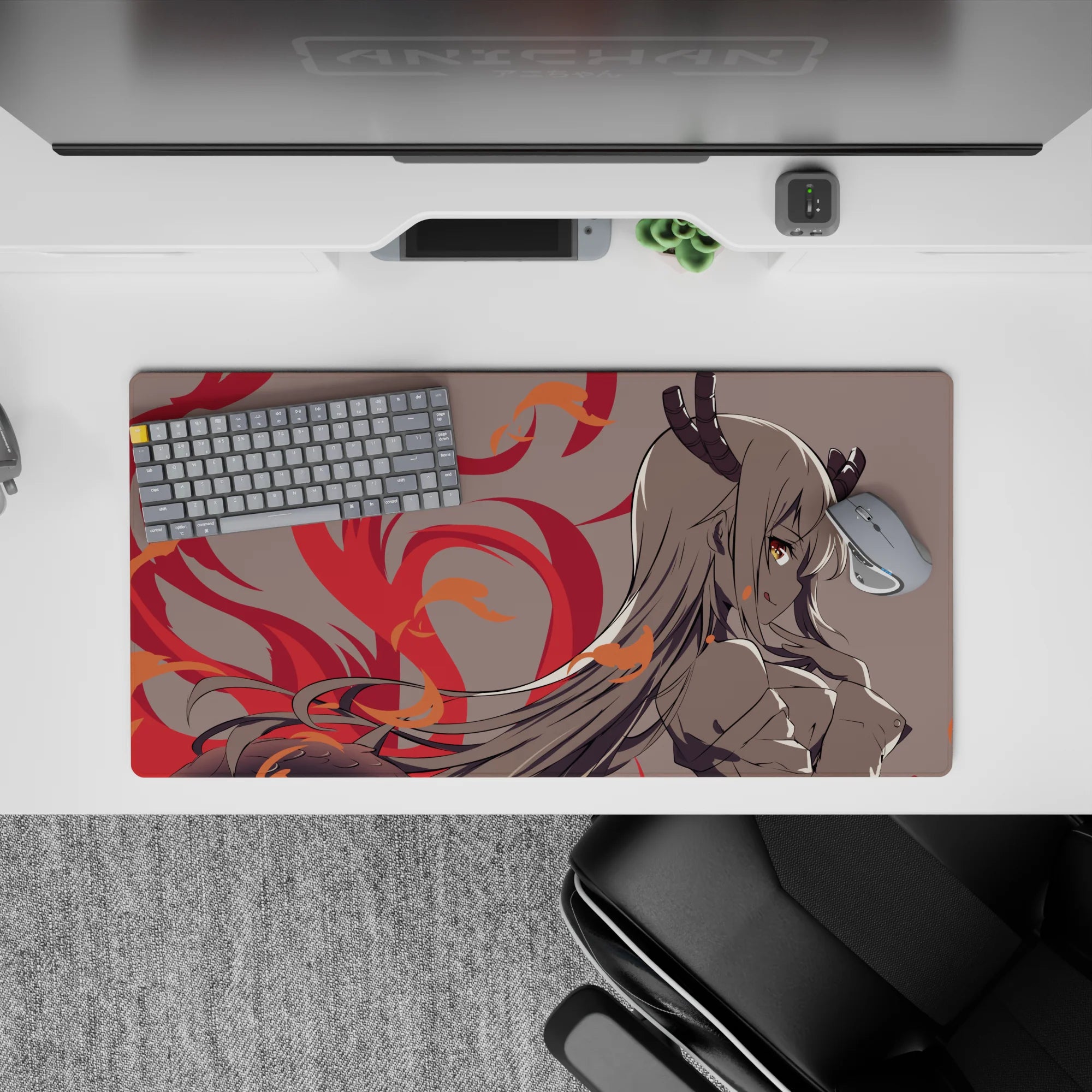32x16 inches anime mouse pad in soft gray tones with crimson flames and orange sparks, cozy-danger vibe.