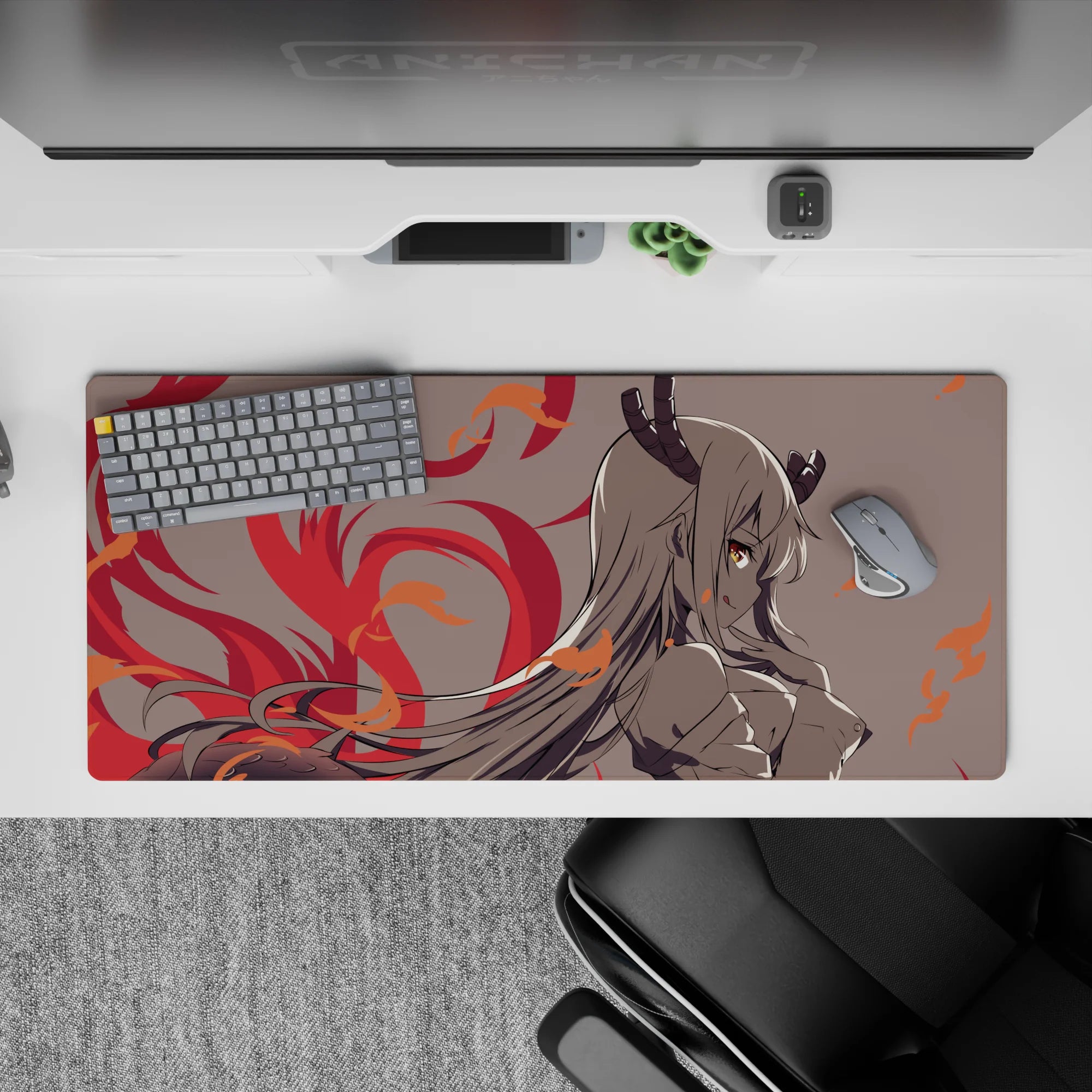 36x16 inches anime girl desk pad in soft gray with crimson flame curls and orange sparks, cozy-danger mood.