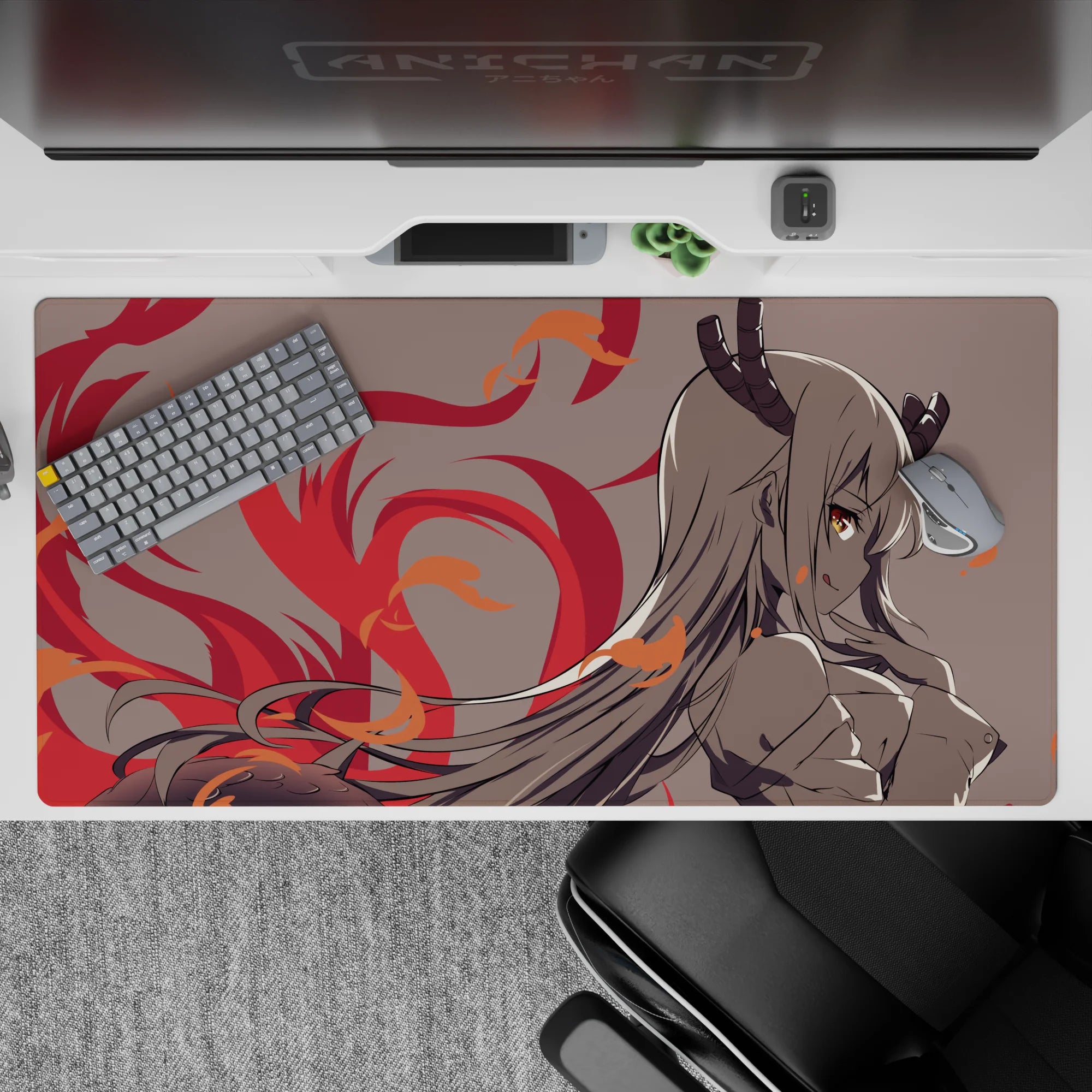 Cozy-danger anime desk pad 40x20 inches in soft grays with crimson flames and orange spark highlights.