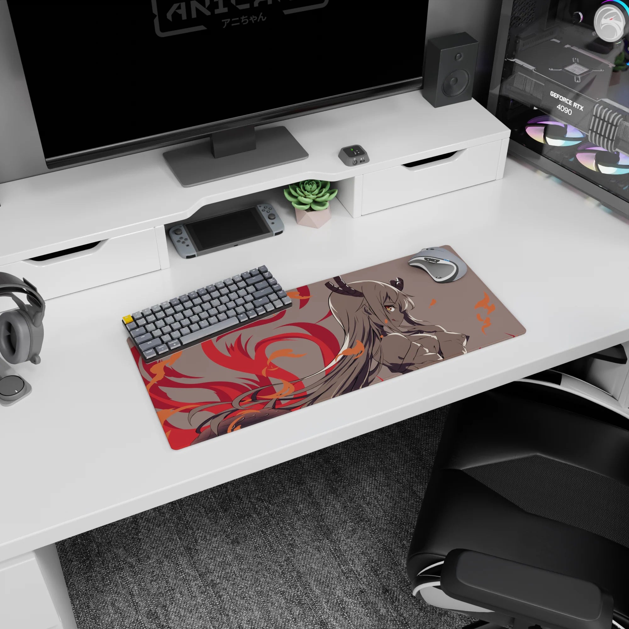 28x12 inches anime girl mouse pad featuring a horned demon girl with attitude, long hair across the desk scene.