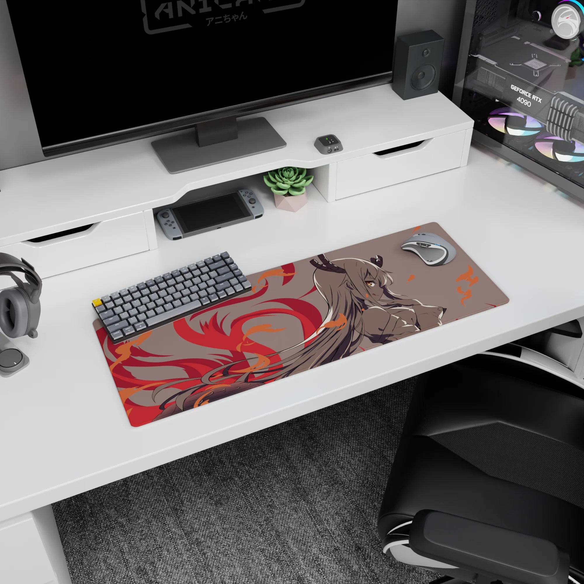 32x12 inches extended mouse pad showing a horned demon girl staring ahead as red flames curl around her.