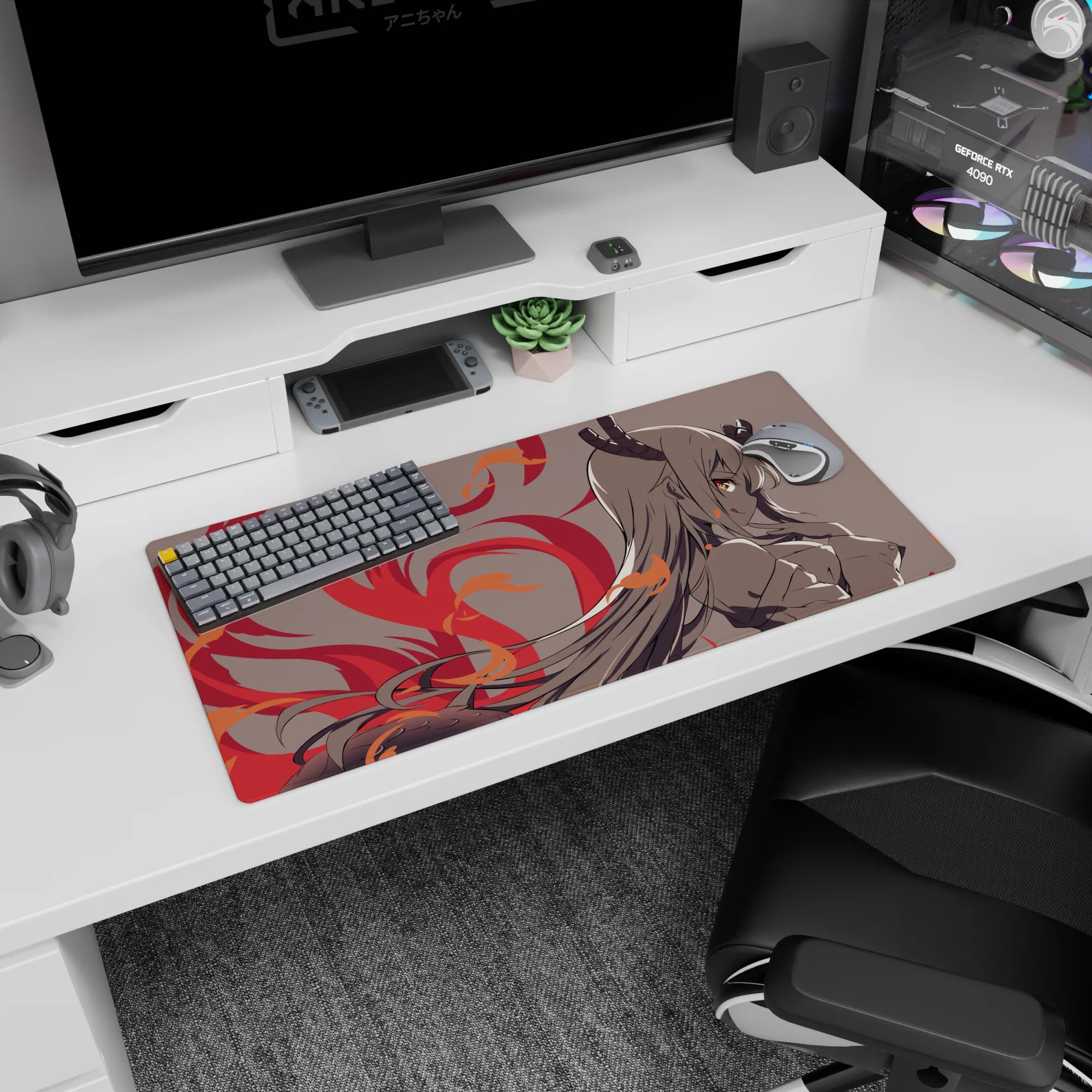 32x16 inches mouse pad showing a horned demon anime girl with long hair and fiery red swirls around her.