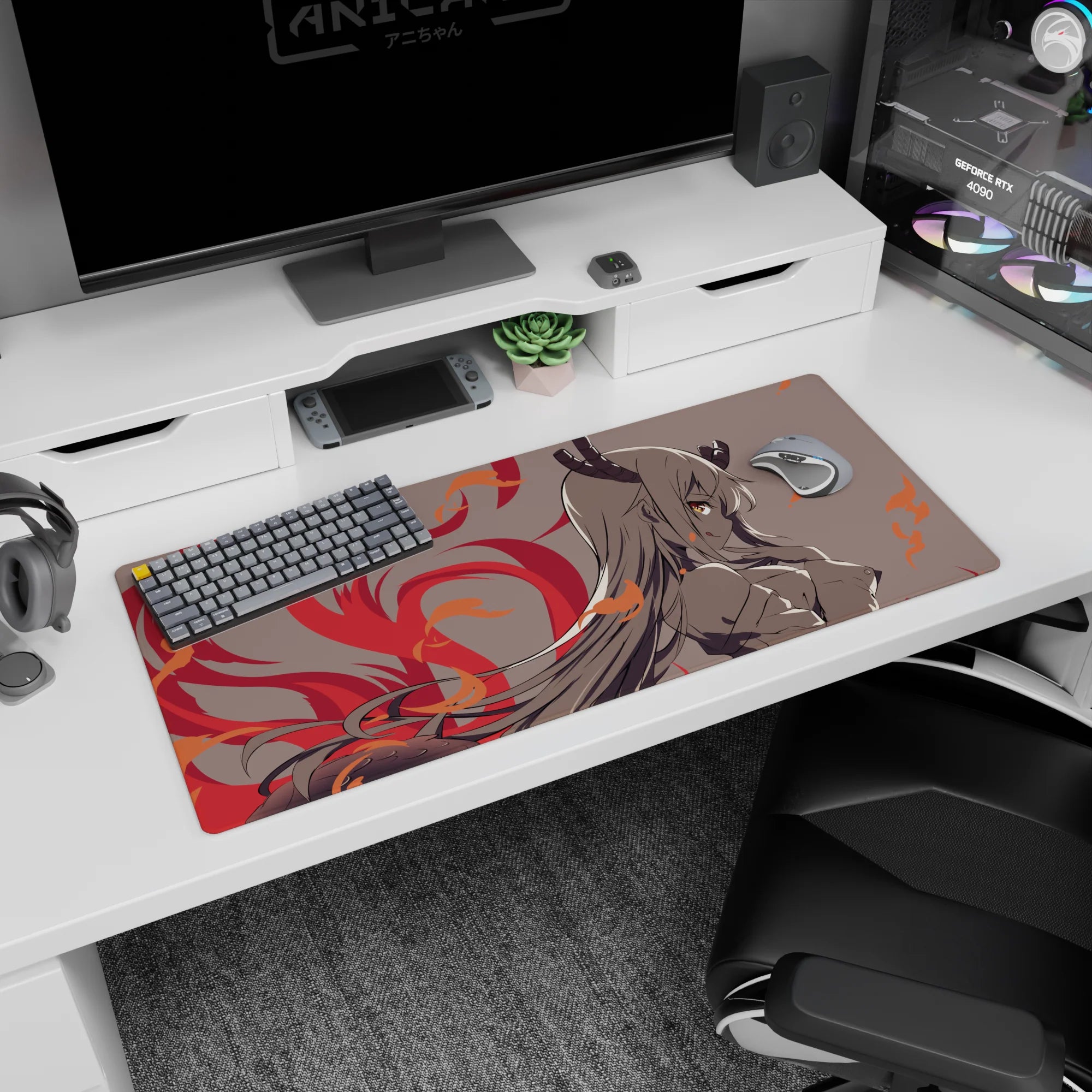 36x16 inches anime girl desk pad featuring an attitude horned demon girl, long hair sweeping across fiery swirls.