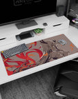 36x16 inches anime girl desk pad featuring an attitude horned demon girl, long hair sweeping across fiery swirls.