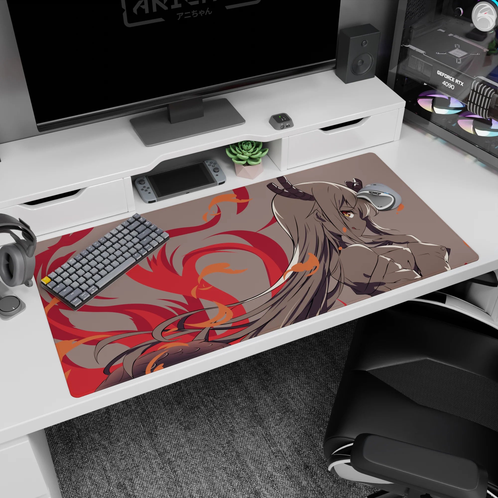 Horned demon anime girl desk pad 40x20 inches, attitude pose with long hair and fiery red swirls.