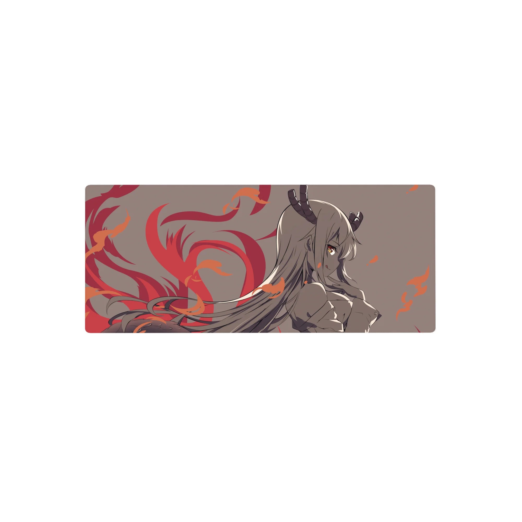 28x12 inches anime girl mouse pad with horned demon girl art, flowing hair, and flame swirl accents.