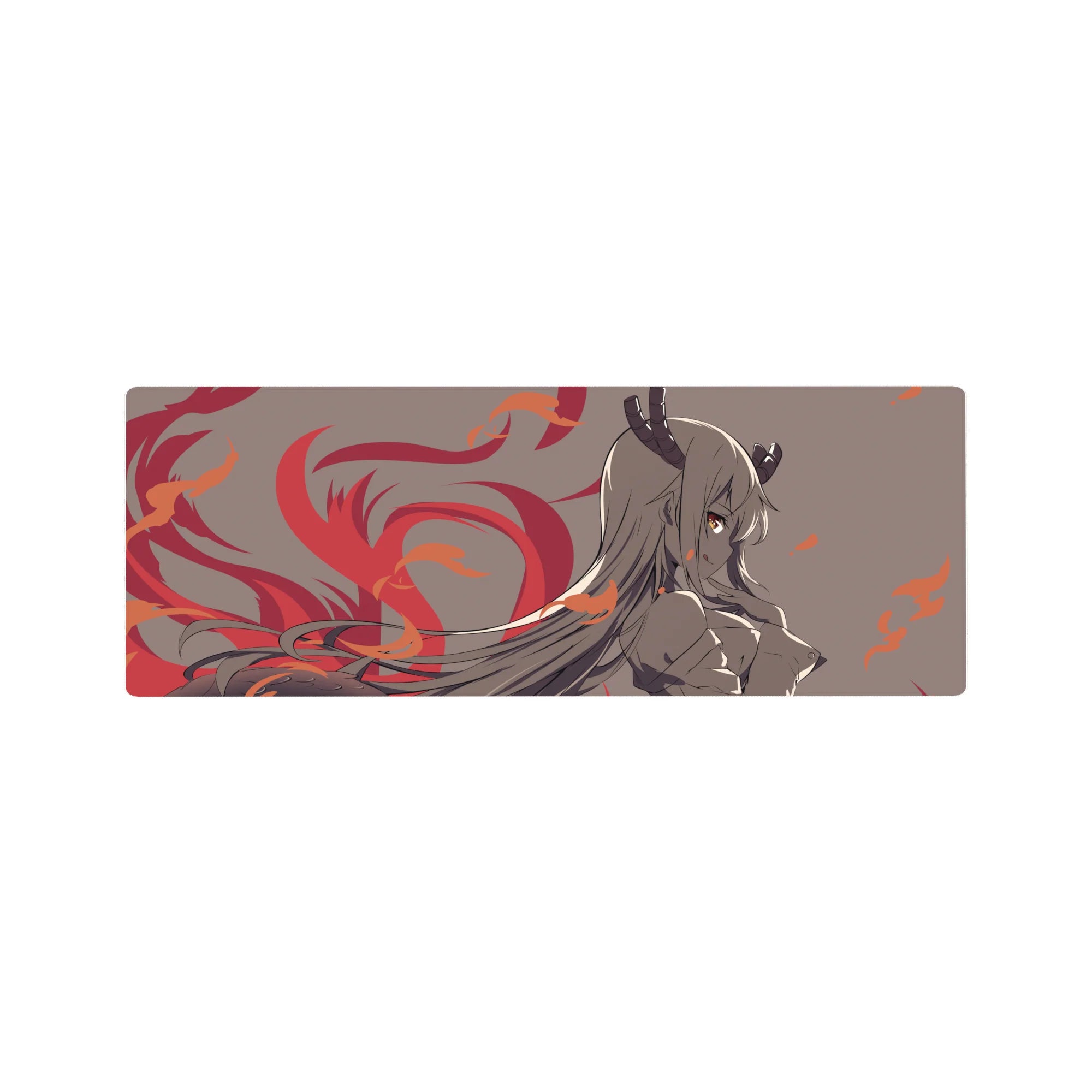 32x12 inches anime girl mouse pad with horned demon girl art, flowing hair and flame swirl accents.