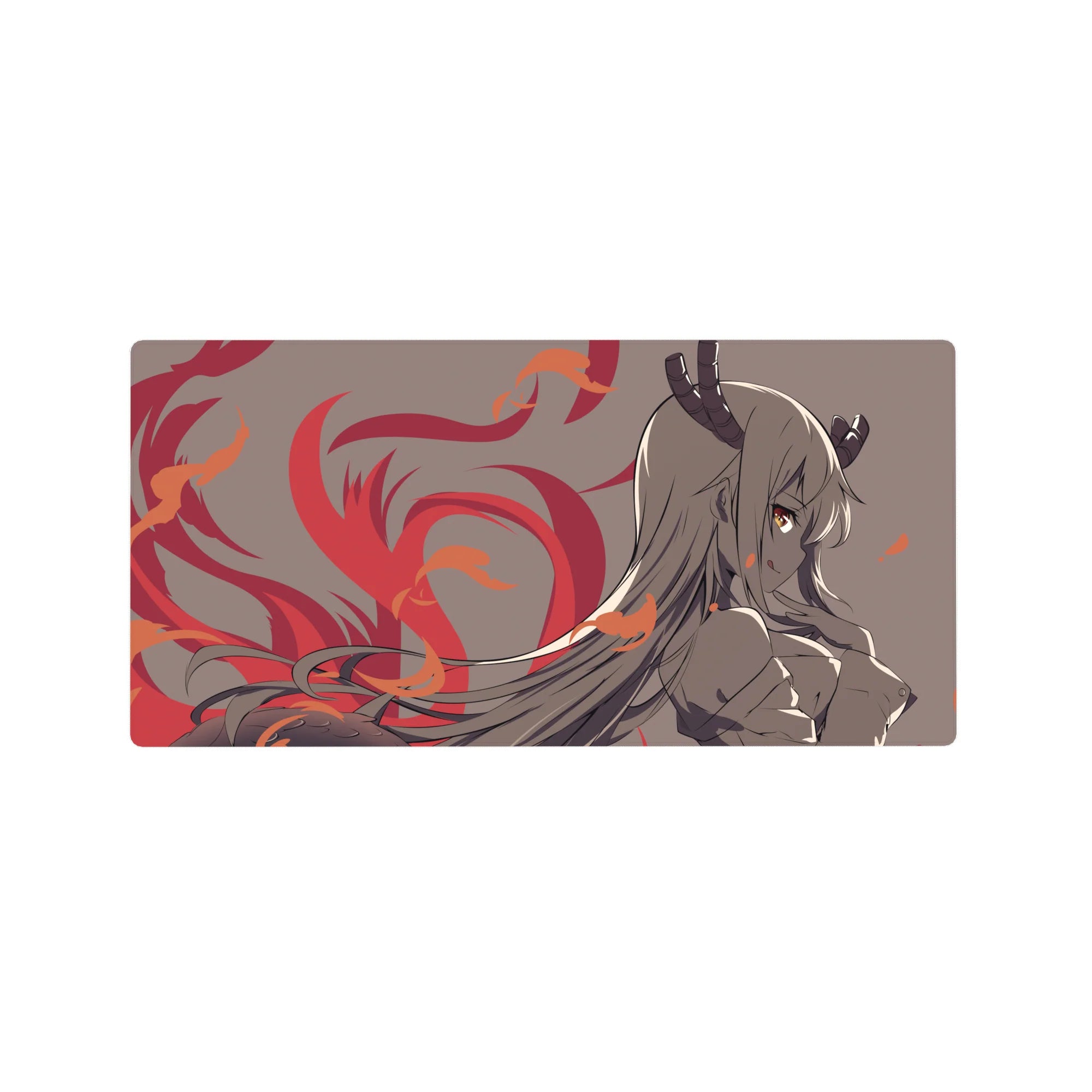 32x16 inches anime girl mouse pad with horned demon girl art, flowing hair, and flame swirl accents.