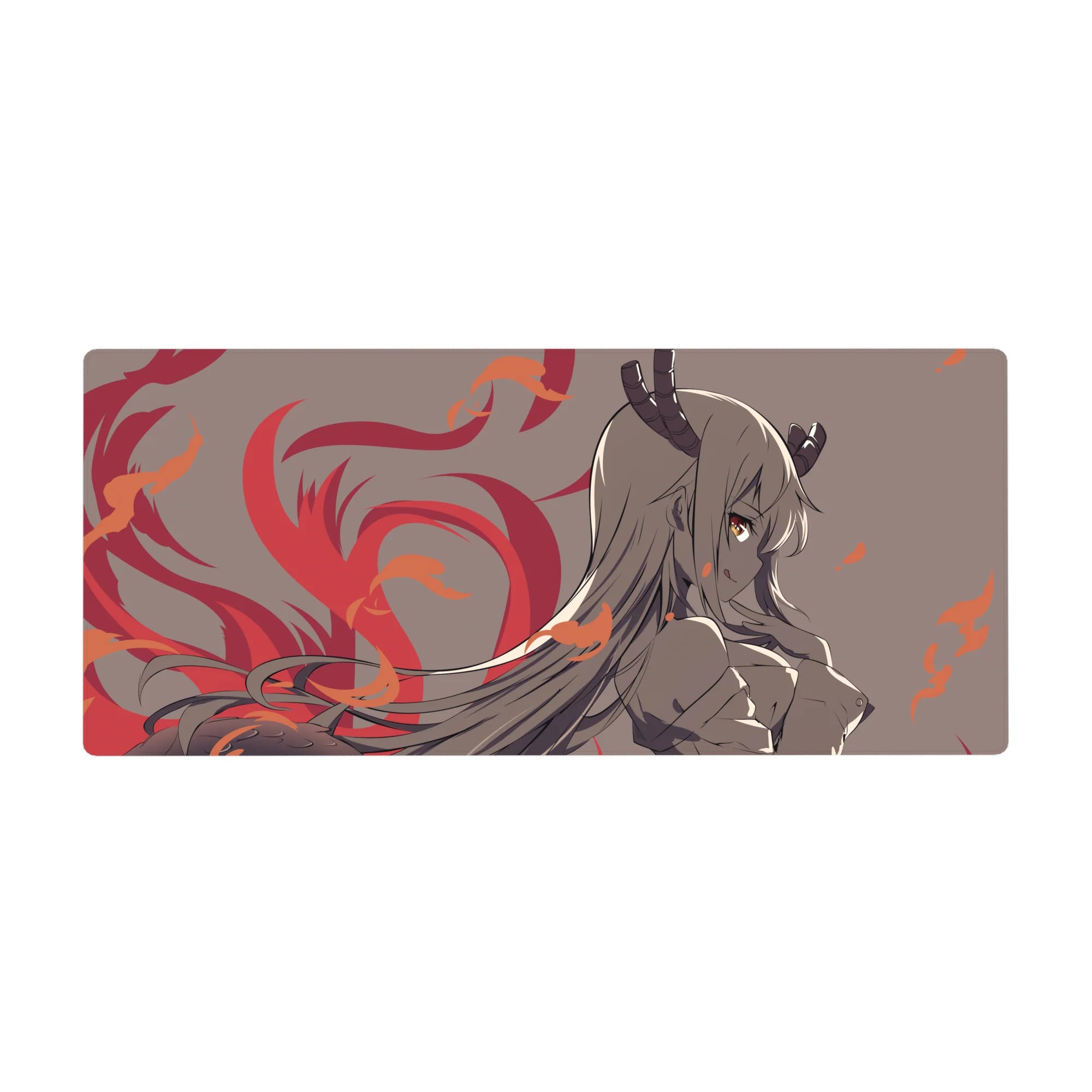 36x16 inches anime girl desk pad with horned demon girl art, flowing hair and flame swirl accents.