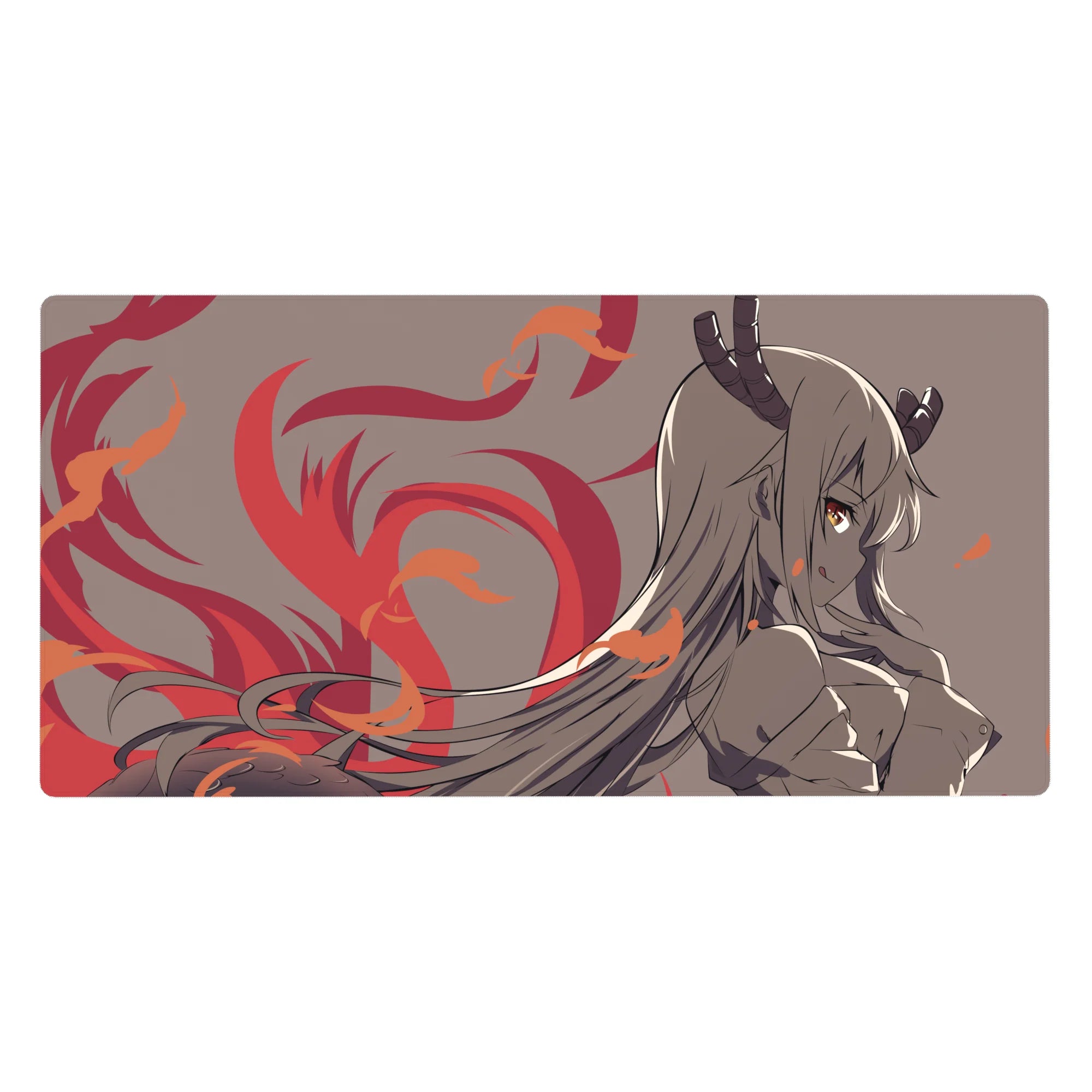 Anime girl desk pad 40x20 inches with horned demon girl art, flowing hair, and flame swirl accents.