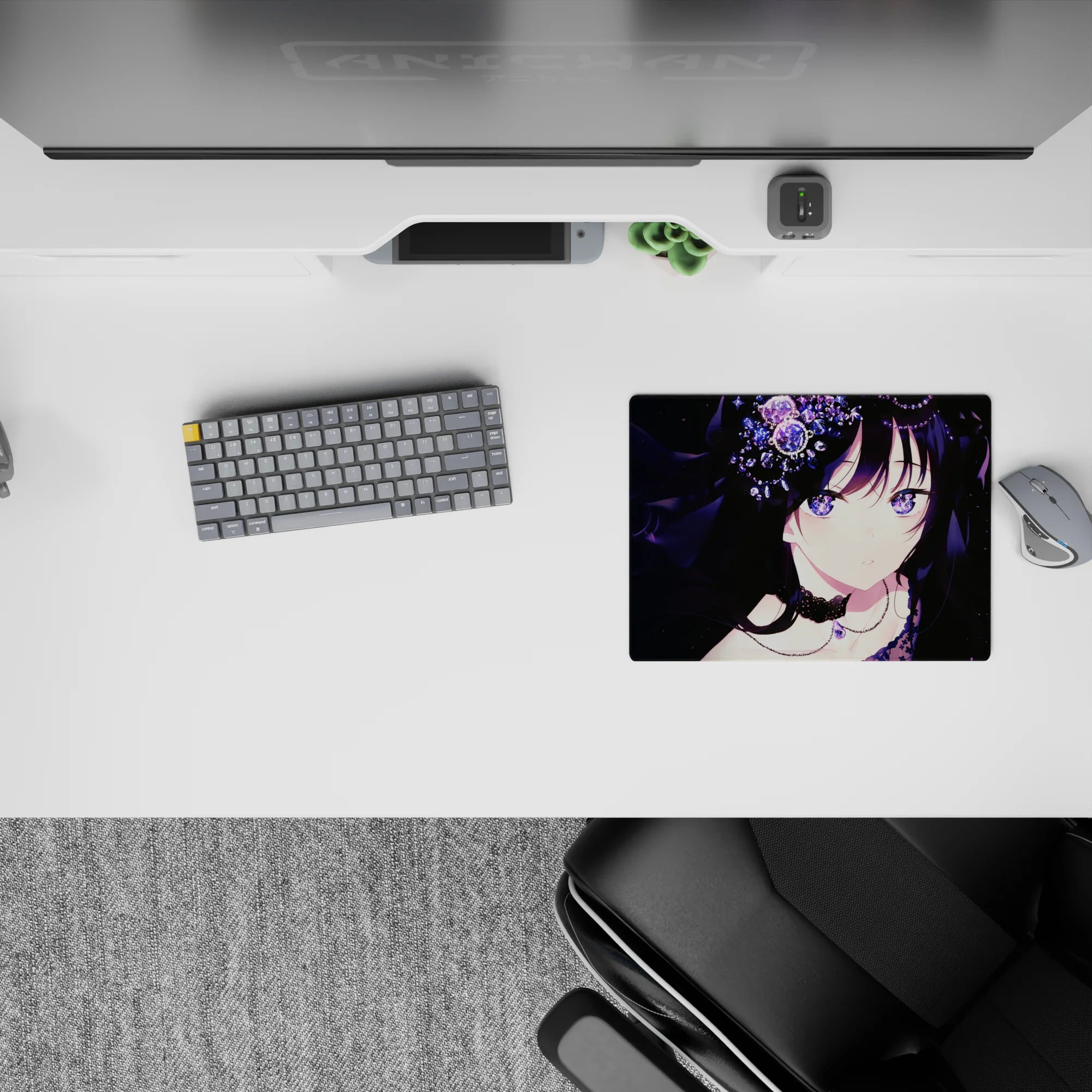 Galaxy-purple eyes and midnight vibe anime mouse pad 14x10 inches with violet highlights and star specks.