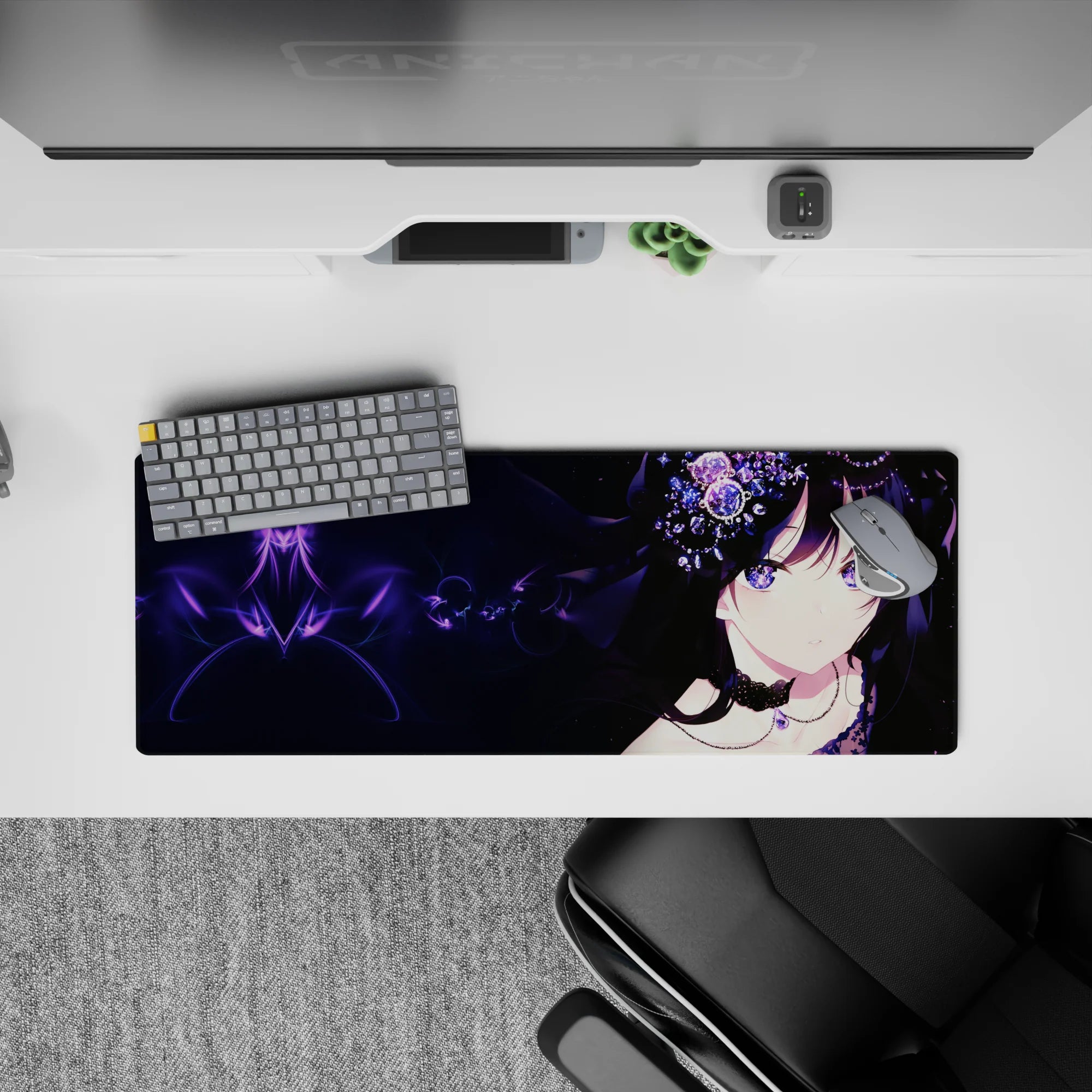 Galaxy-purple eyes and midnight sparkle anime mouse pad 32x12 inches, dreamy violet night-sky vibe.
